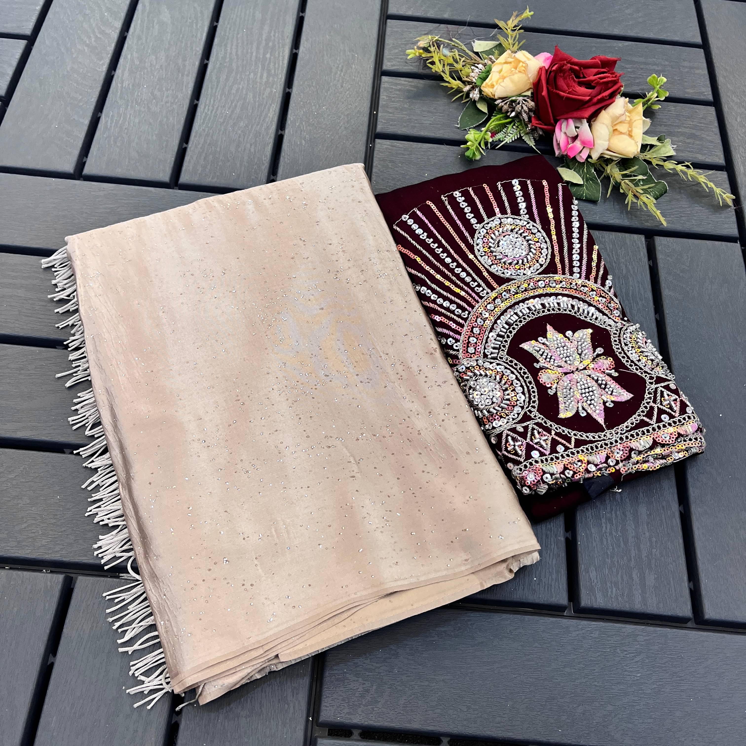     			Elite Fashion Georgette Embroidered Regular Saree With Unstitched Blouse Piece ( Beige )