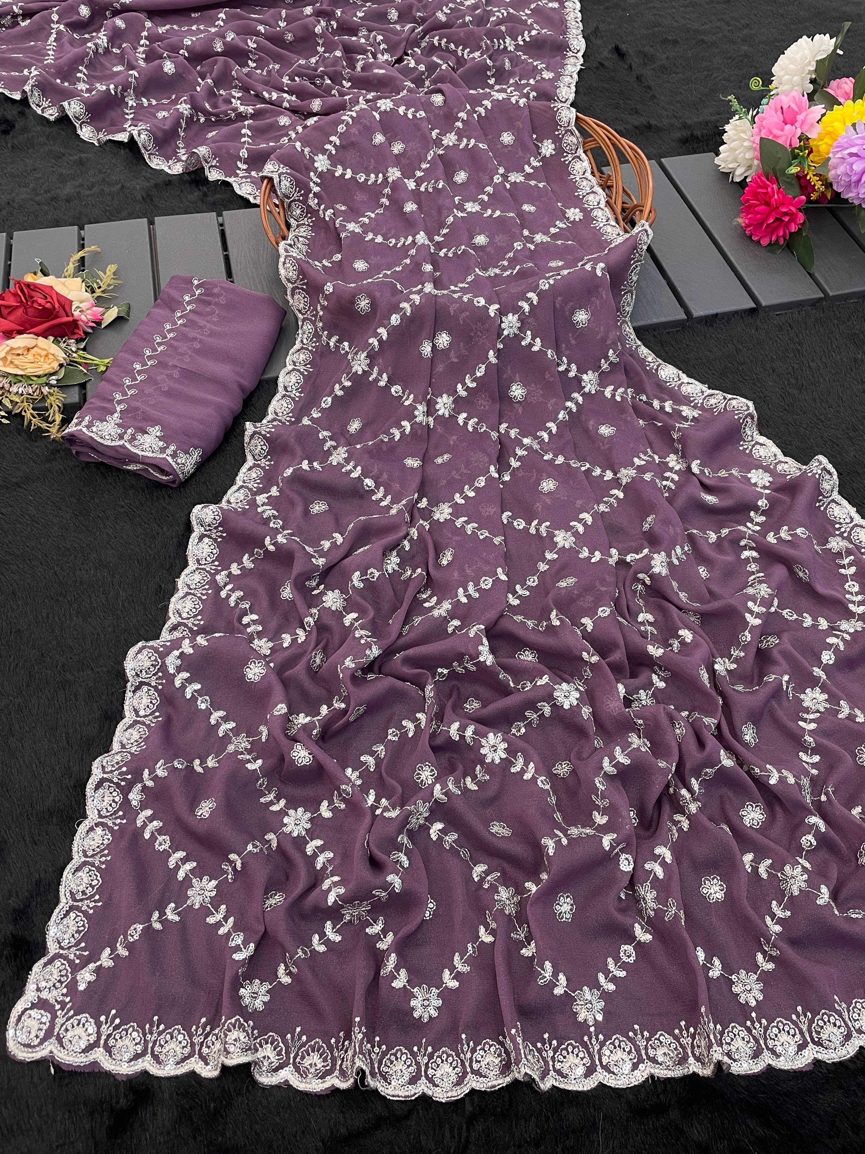 Elite Fashion Georgette Embroidered Regular Saree With Unstitched Blouse Piece ( Lavender )     			Elite Fashion Georgette Embroidered Regular Saree With Unstitched Blouse Piece ( Lavender )