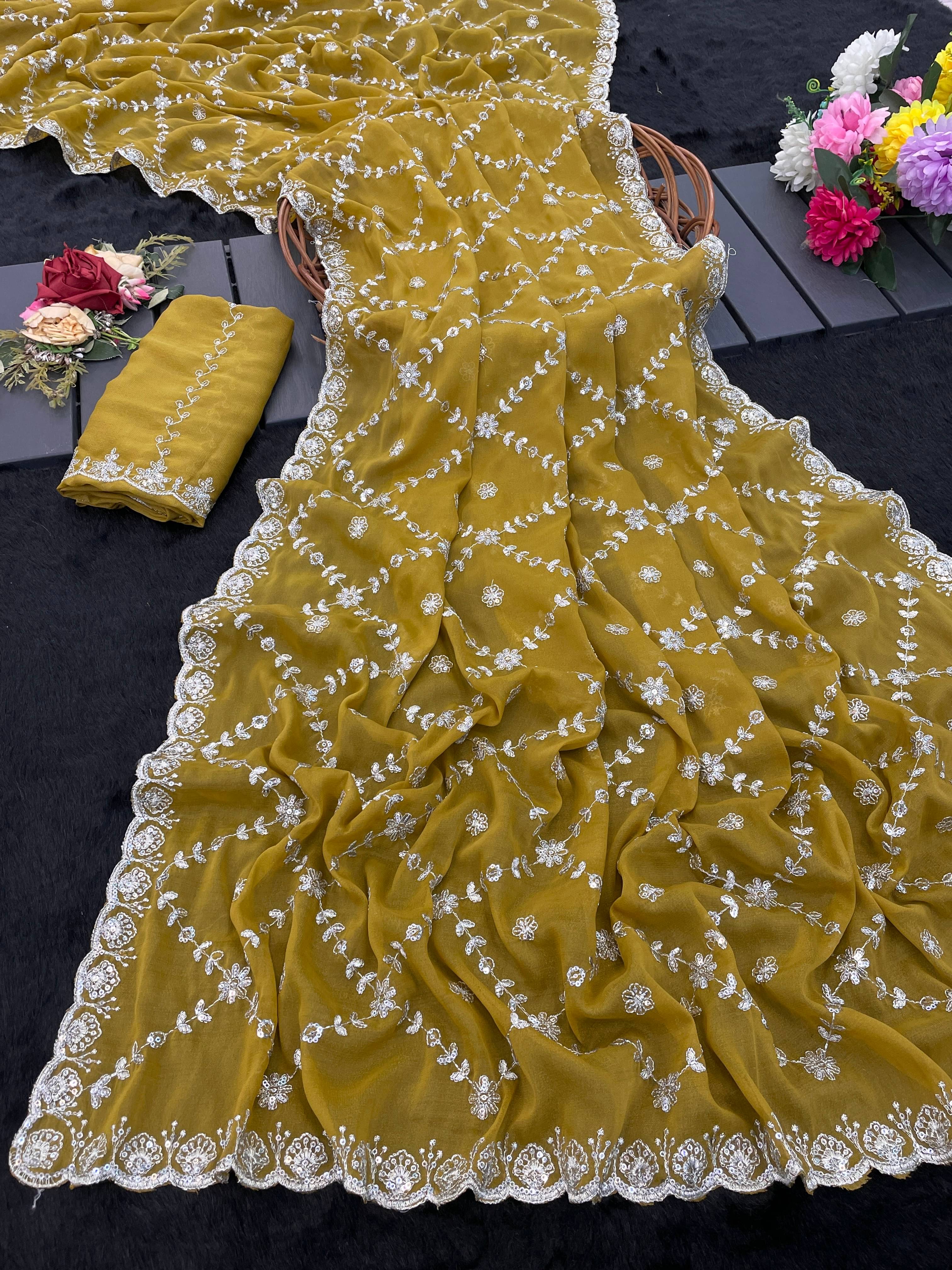     			Elite Fashion Georgette Embroidered Regular Saree With Unstitched Blouse Piece ( Yellow )