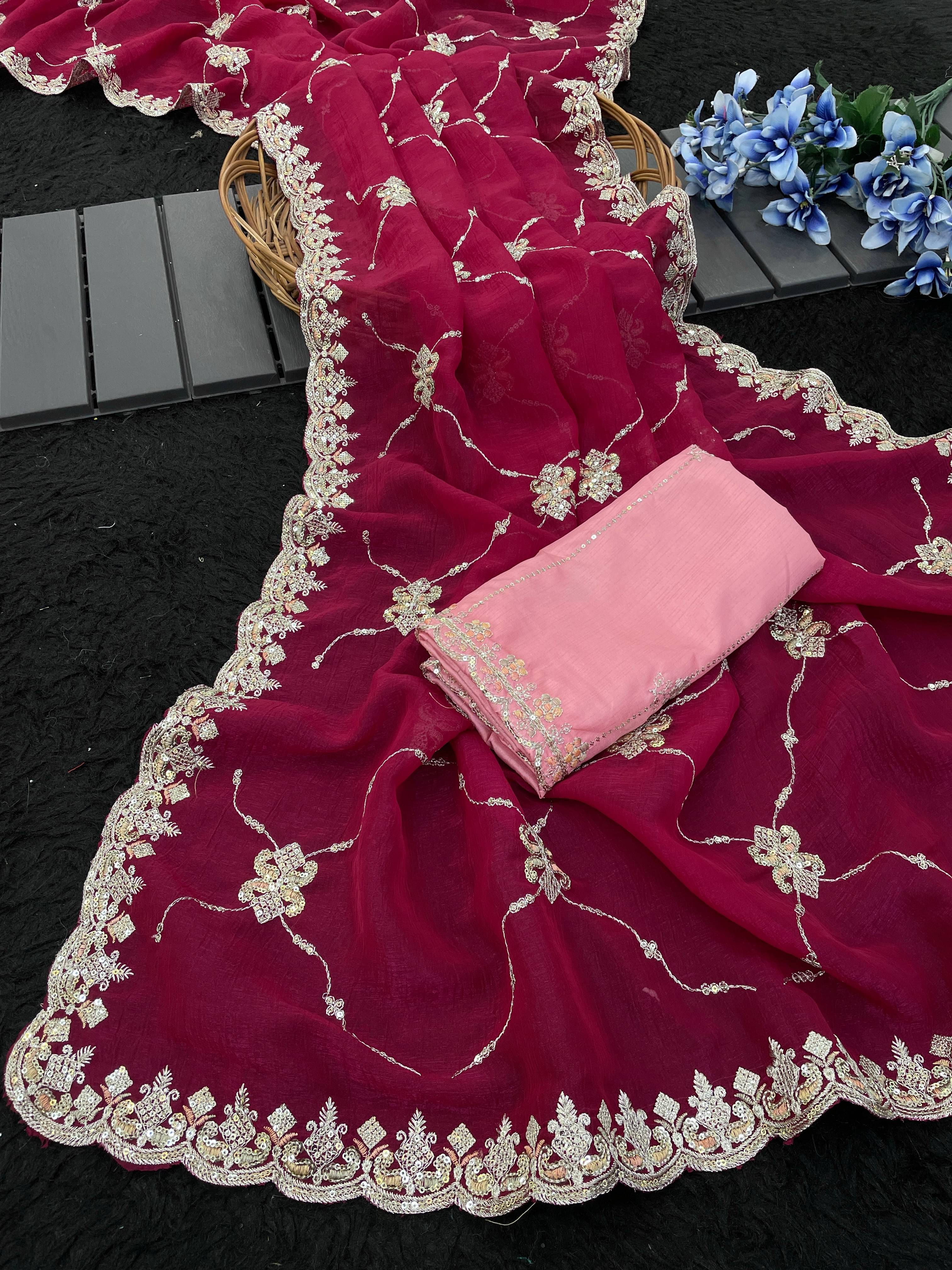     			Elite Fashion Jimmy Choo Embroidered Regular Saree With Unstitched Blouse Piece ( Red )