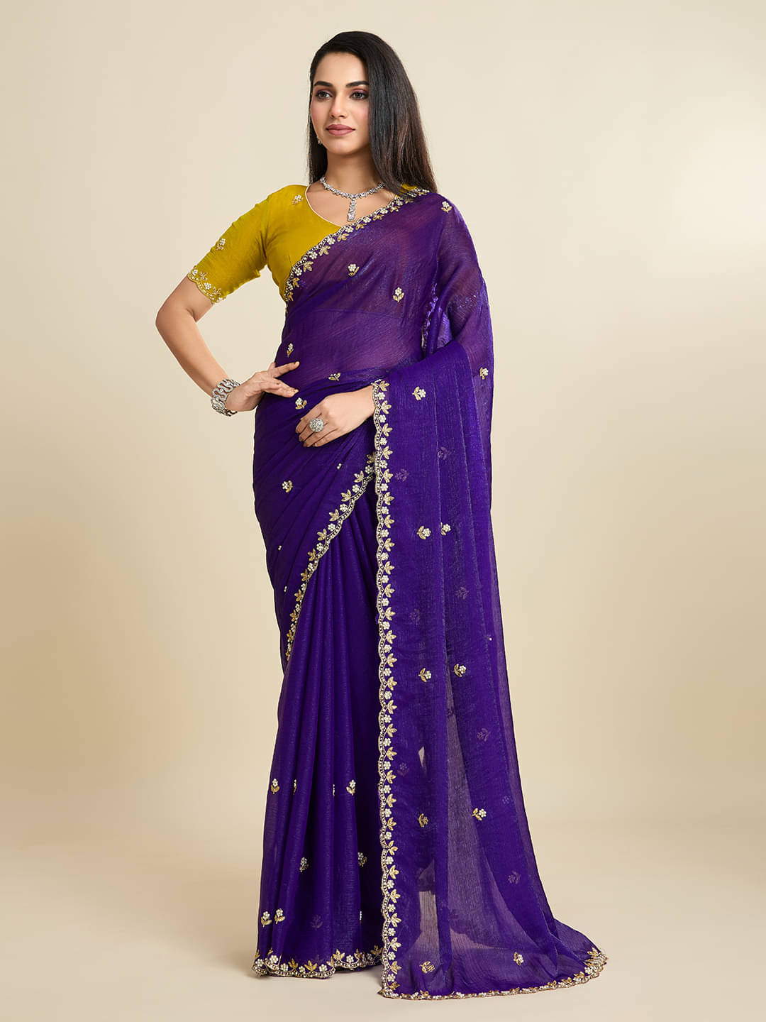     			Elite Fashion Jimmy Choo Embroidered Chanderi saree With Unstitched Blouse Piece ( Purple )