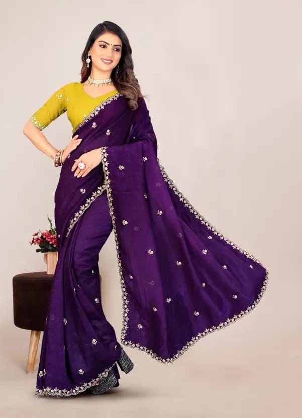     			Elite Fashion Jimmy Choo Embroidered Chanderi saree With Unstitched Blouse Piece ( Purple )