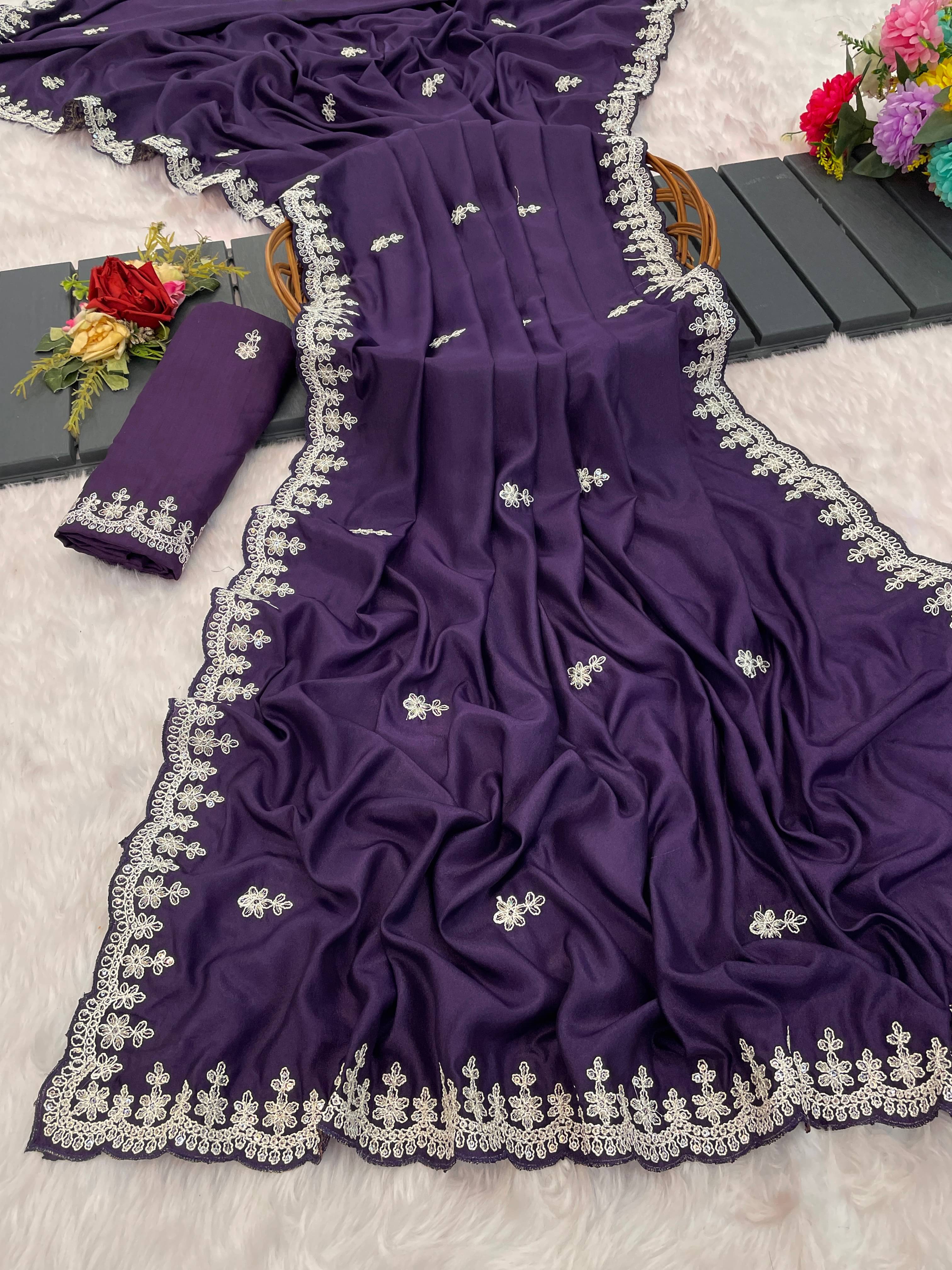     			Elite Fashion Silk Blend Embroidered Regular Saree With Unstitched Blouse Piece ( Wine )