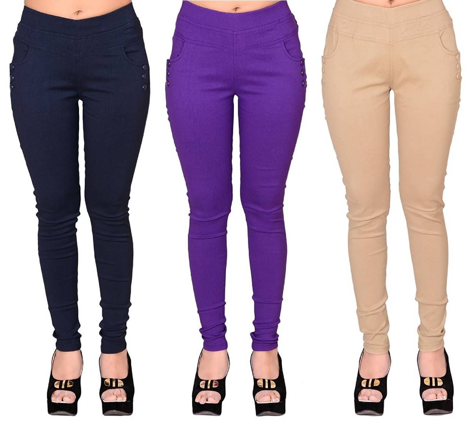     			FeelBlue Women Cotton Blend Skinny Fit Jegging ( Navy,Purple,Beige )