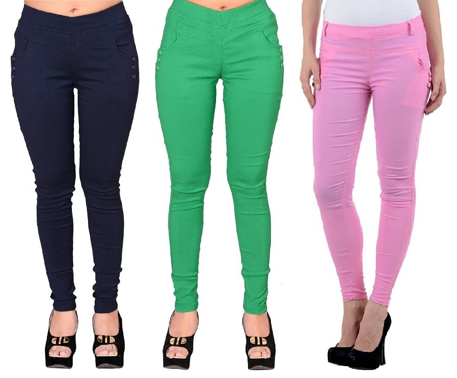     			FeelBlue Women Cotton Blend Skinny Fit Jegging ( Navy,Pink,Green )
