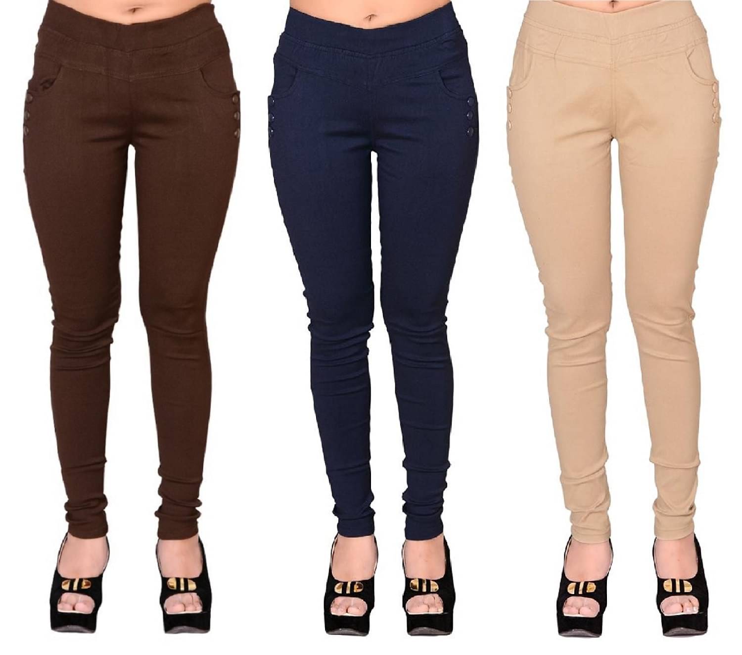     			FeelBlue Women Cotton Blend Skinny Fit Jegging ( Brown,Navy,Beige )