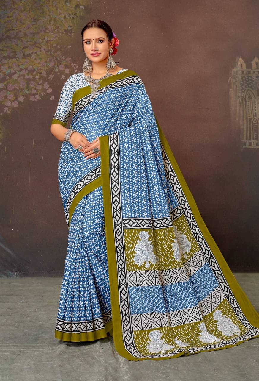 Hayan enterprice Cotton Printed Regular Saree With Unstitched Blouse Piece ( Sky Blue ) Hayan enterprice Cotton Printed Regular Saree With Unstitched Blouse Piece ( Sky Blue )