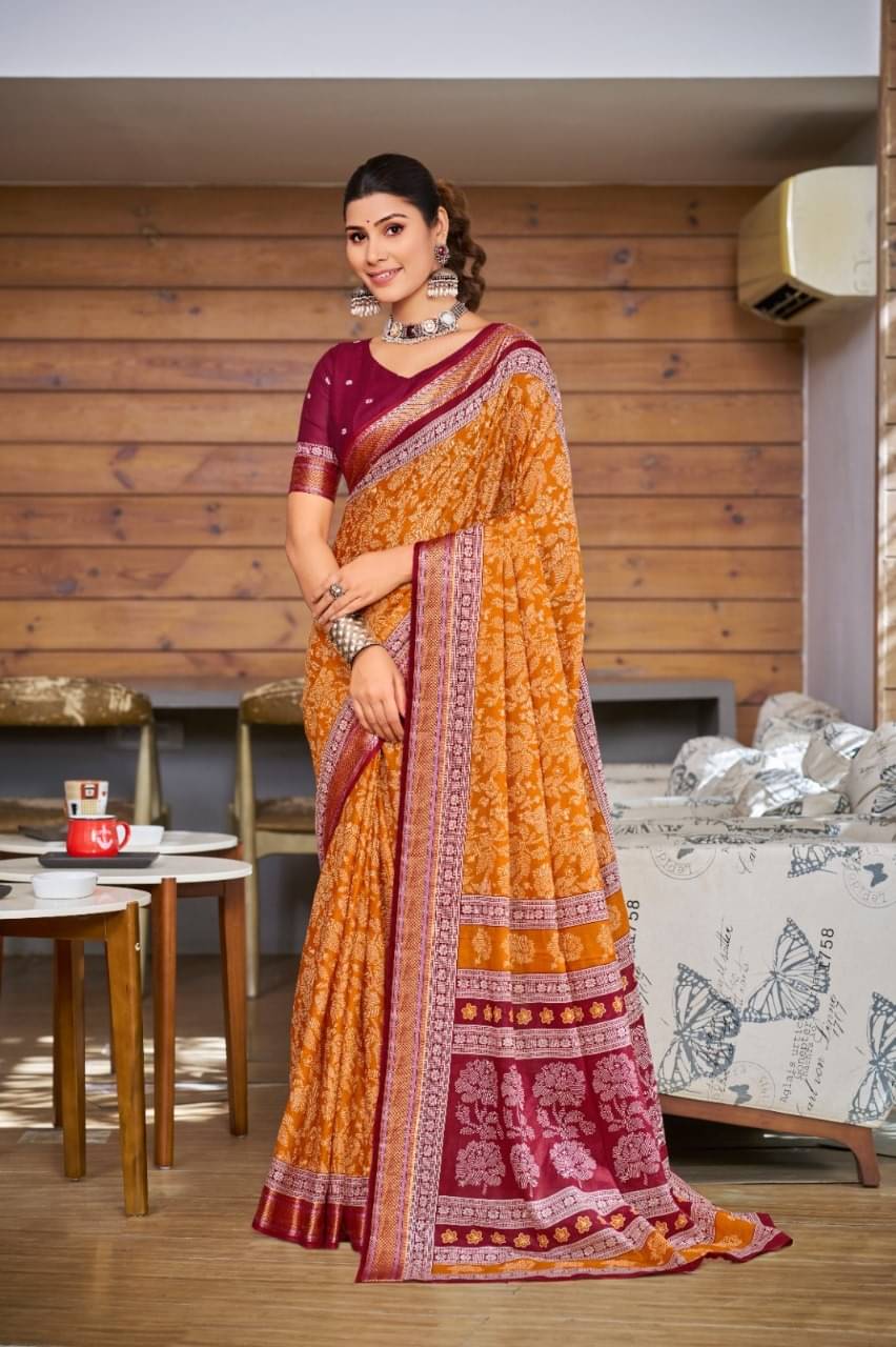 Hayan enterprice Cotton Printed Regular Saree With Unstitched Blouse Piece ( Orange ) Hayan enterprice Cotton Printed Regular Saree With Unstitched Blouse Piece ( Orange )