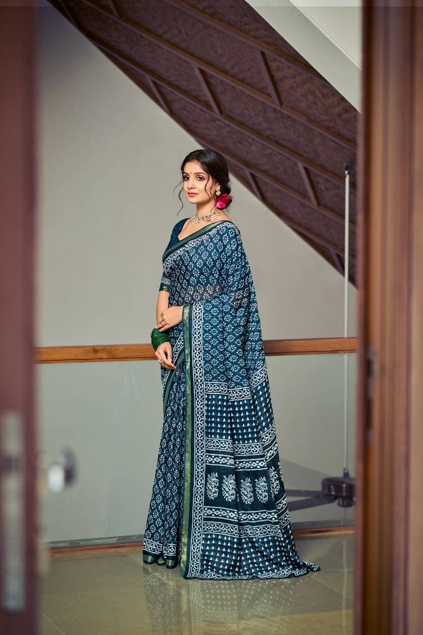 Hayan enterprice Cotton Printed Regular Saree With Unstitched Blouse Piece ( Navy Blue ) Hayan enterprice Cotton Printed Regular Saree With Unstitched Blouse Piece ( Navy Blue )