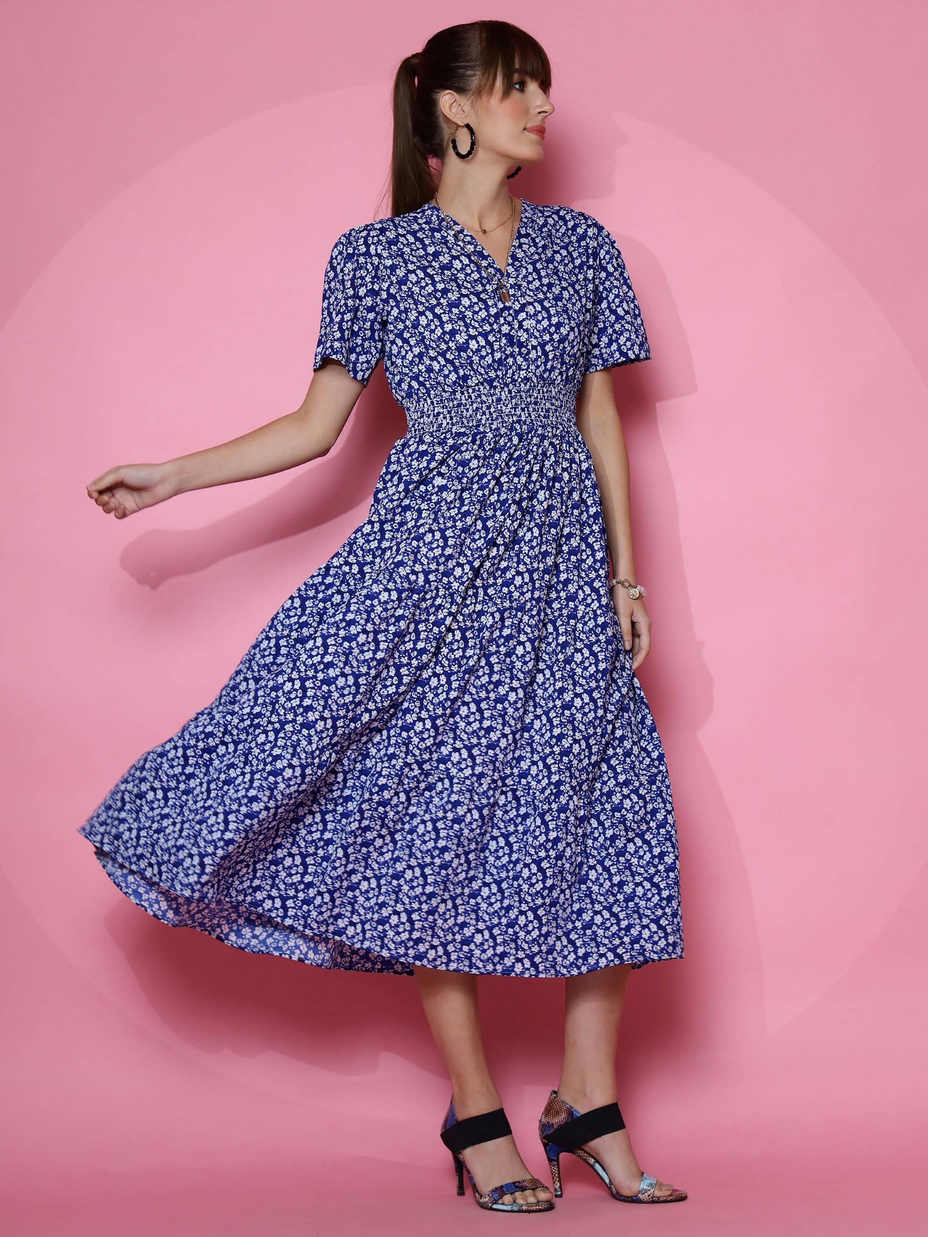     			Honky Tonky Women Crepe Printed Fit & Flare Dress ( Blue )