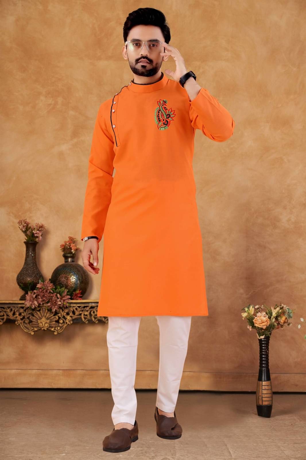 KC Kunj Creation Orange Cotton Regular Fit Men's Kurta Pyjama Set ( Pack of 1 ) KC Kunj Creation Orange Cotton Regular Fit Men's Kurta Pyjama Set ( Pack of 1 )