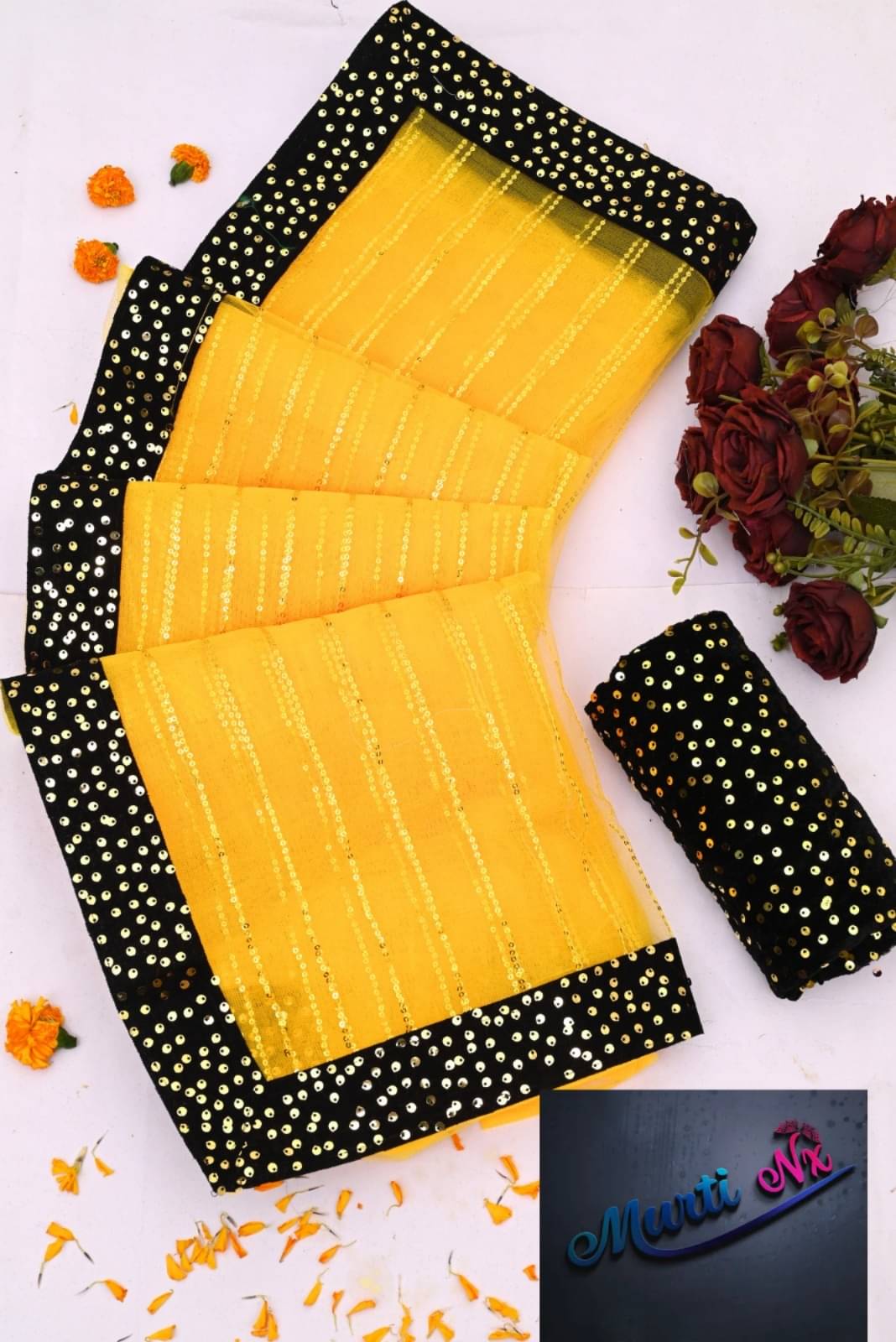     			MALAVIYA FASHION Net Applique Regular Saree With Unstitched Blouse Piece ( Multicolor )