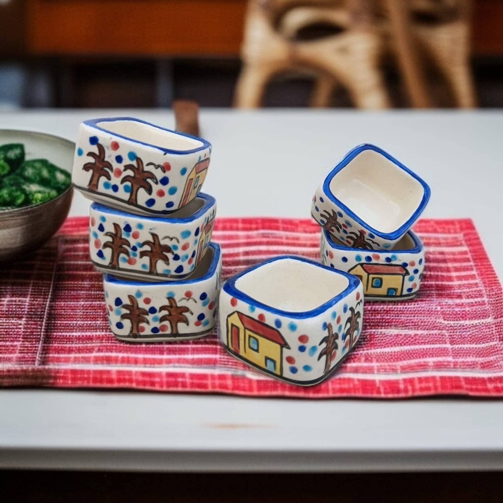 Malaikah Square Hut Chutney Bowl Ceramic Printed Chip&Dip Bowl 5 cm ( Set of 6 ) Off White Malaikah Square Hut Chutney Bowl Ceramic Printed Chip&Dip Bowl 5 cm ( Set of 6 ) Off White
