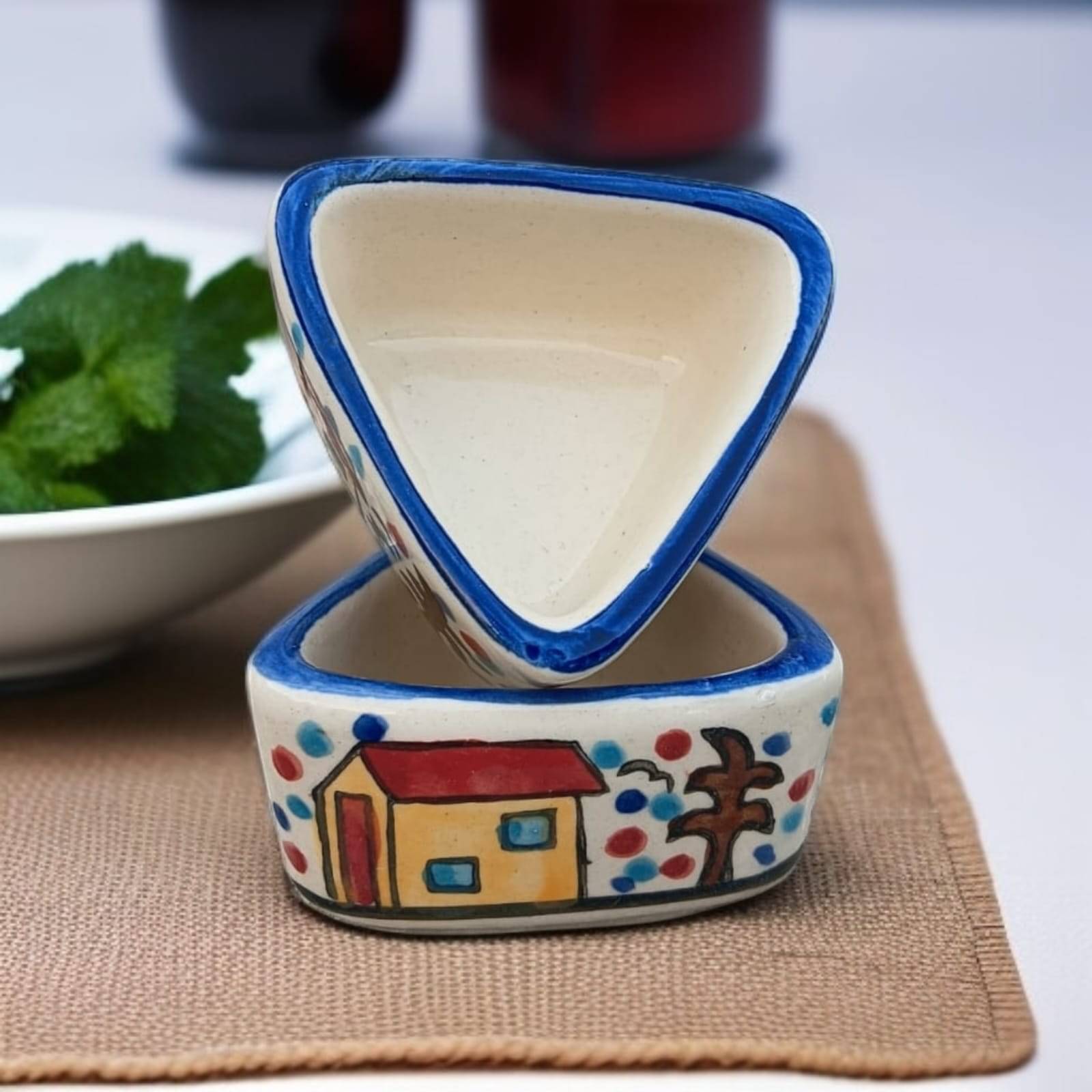 Malaikah Triangle Hut Chutney Bowl Ceramic Printed Chip&Dip Bowl 5 cm ( Set of 2 ) Multicolor Malaikah Triangle Hut Chutney Bowl Ceramic Printed Chip&Dip Bowl 5 cm ( Set of 2 ) Multicolor