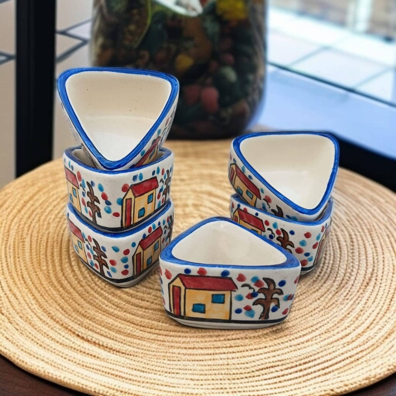 Malaikah Triangle Hut Chutney Bowl Ceramic Printed Chip&Dip Bowl 5 cm ( Set of 6 ) Off White Malaikah Triangle Hut Chutney Bowl Ceramic Printed Chip&Dip Bowl 5 cm ( Set of 6 ) Off White