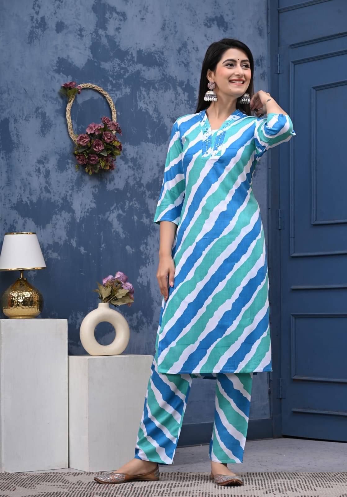 Prajapati Women Rayon Printed A-line Kurti With Pants ( Blue )     			Prajapati Women Rayon Printed A-line Kurti With Pants ( Blue )