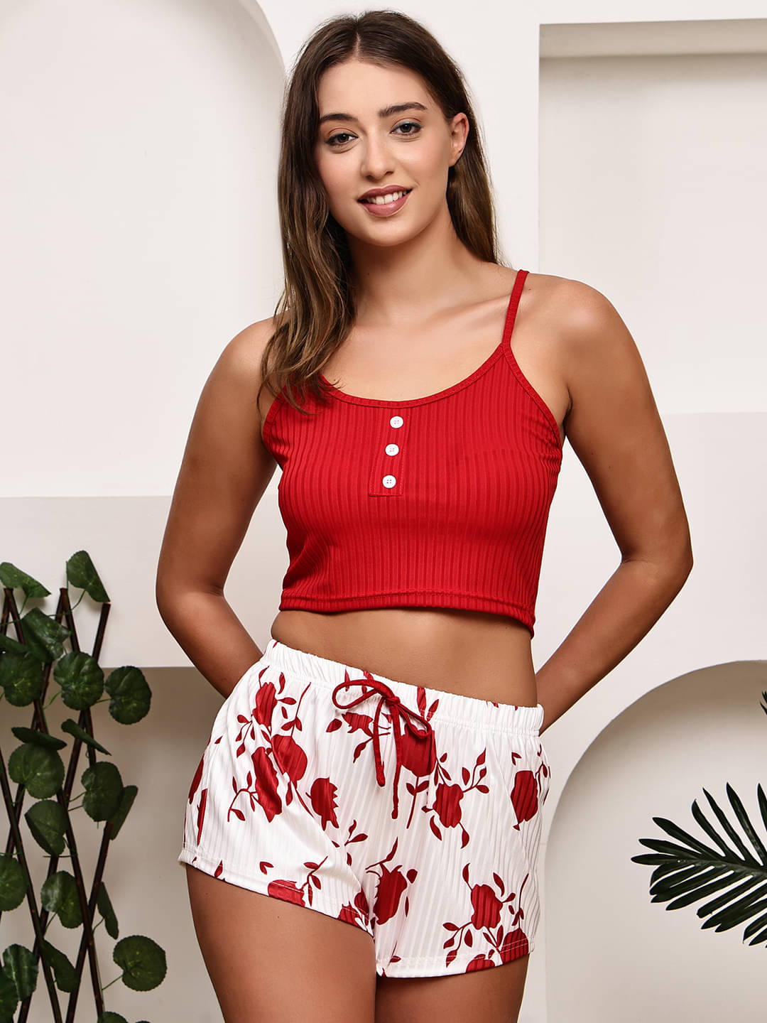     			PrettyCat Polyester Printed Women Top with Shorts ( Red )