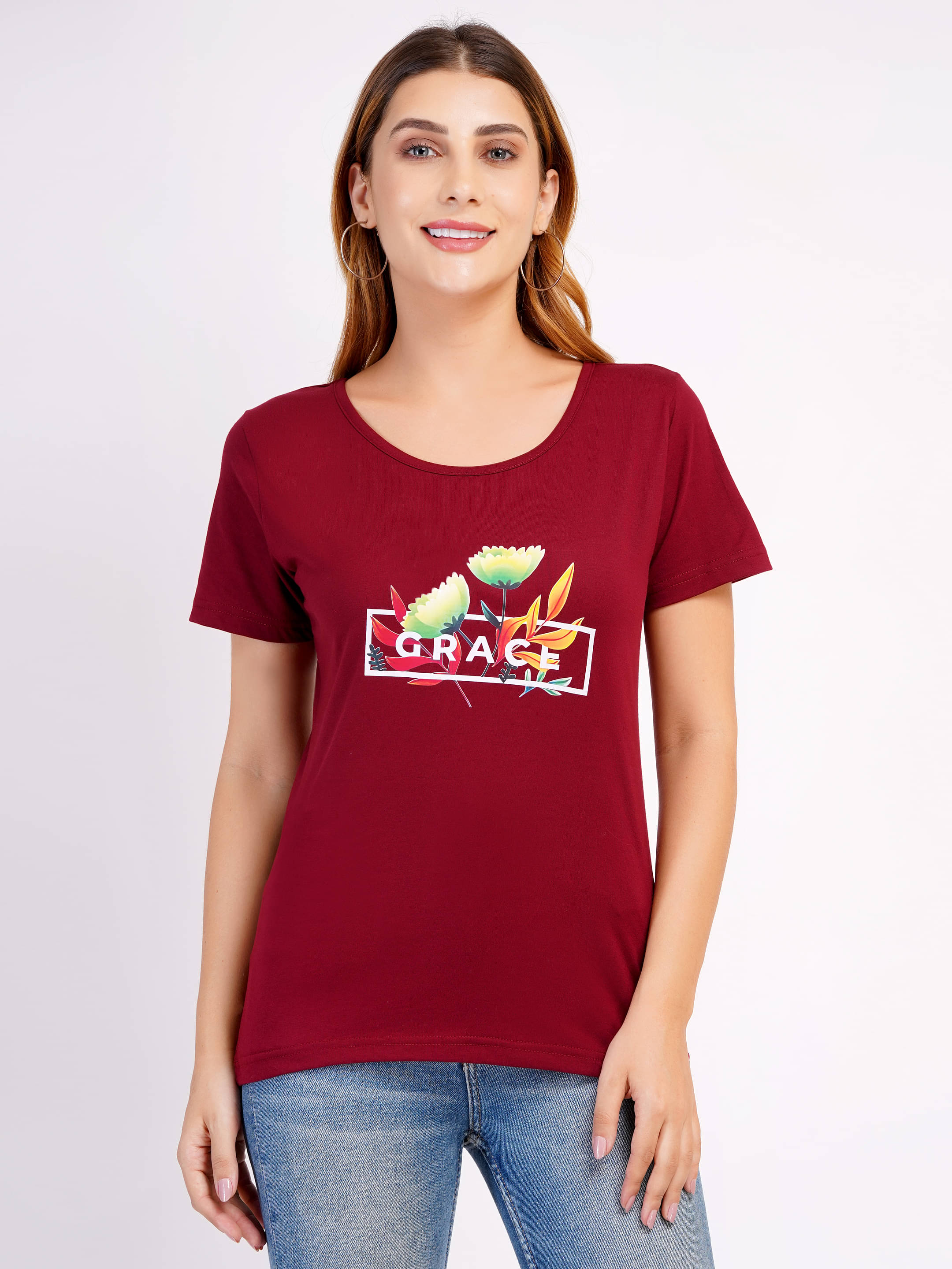     			Romaisa Women Cotton Printed Regular Fit Round Neck T-Shirt ( Maroon )