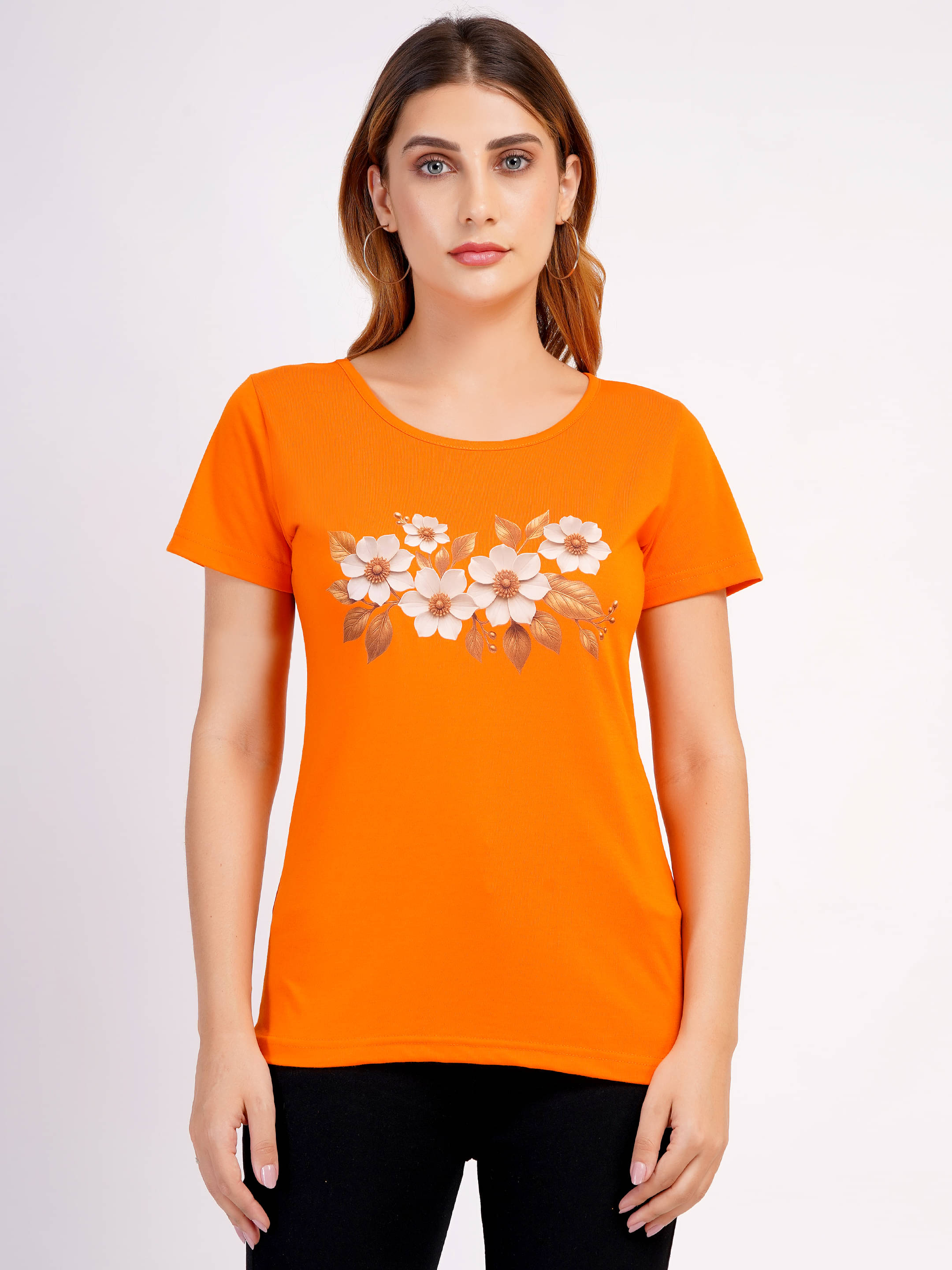     			Romaisa Women Cotton Printed Regular Fit Round Neck T-Shirt ( Orange )
