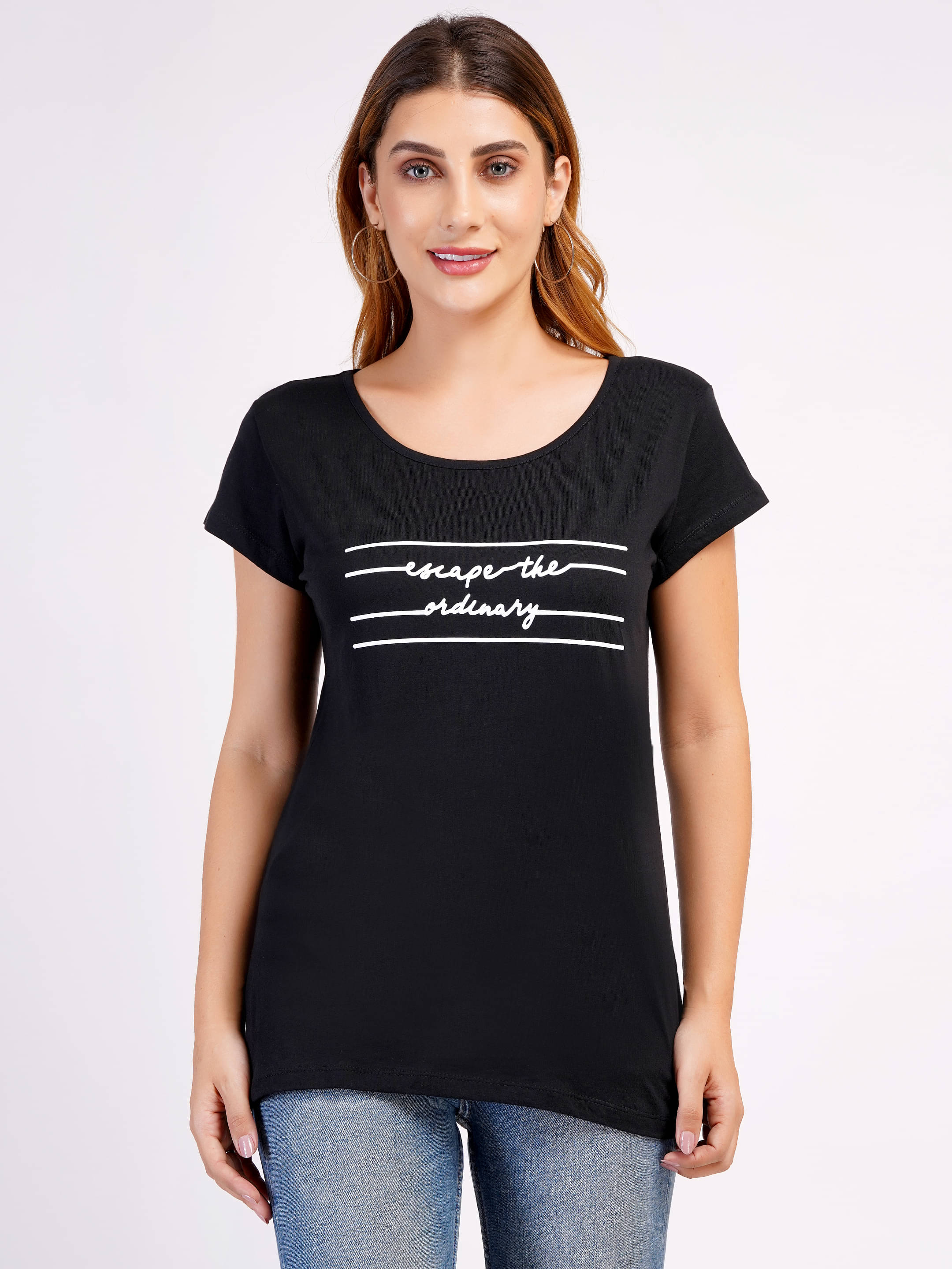 Romaisa Women Cotton Printed Regular Fit Round Neck T-Shirt ( Black ) Romaisa Women Cotton Printed Regular Fit Round Neck T-Shirt ( Black )