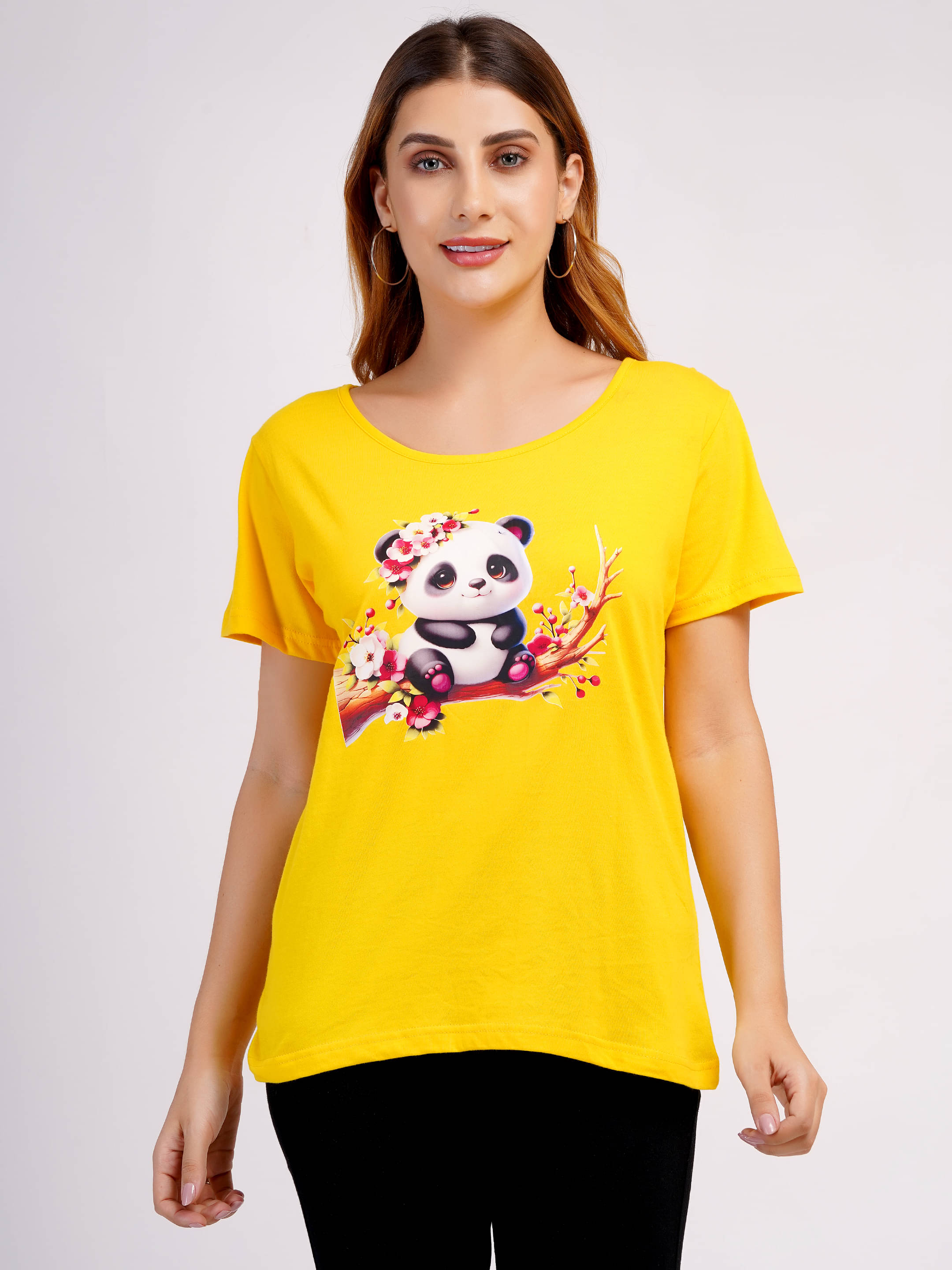     			Romaisa Women Cotton Printed Regular Fit Round Neck T-Shirt ( Yellow )