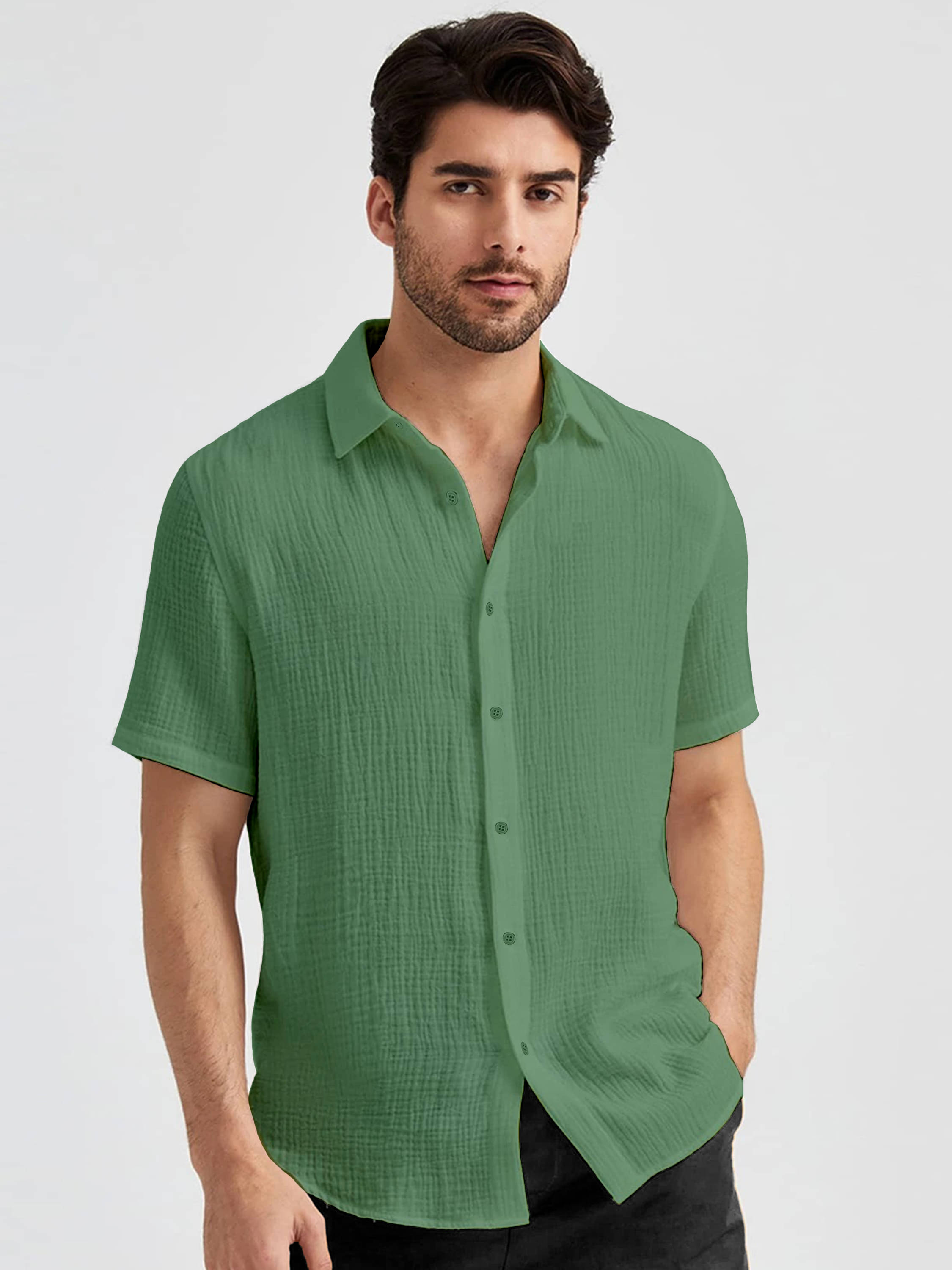color bucket Cotton Blend Regular Fit Popcorn Textured Half Sleeves Men's Casual Shirt - Green ( Pack of 1 )     			color bucket Cotton Blend Regular Fit Popcorn Textured Half Sleeves Men's Casual Shirt - Green ( Pack of 1 )