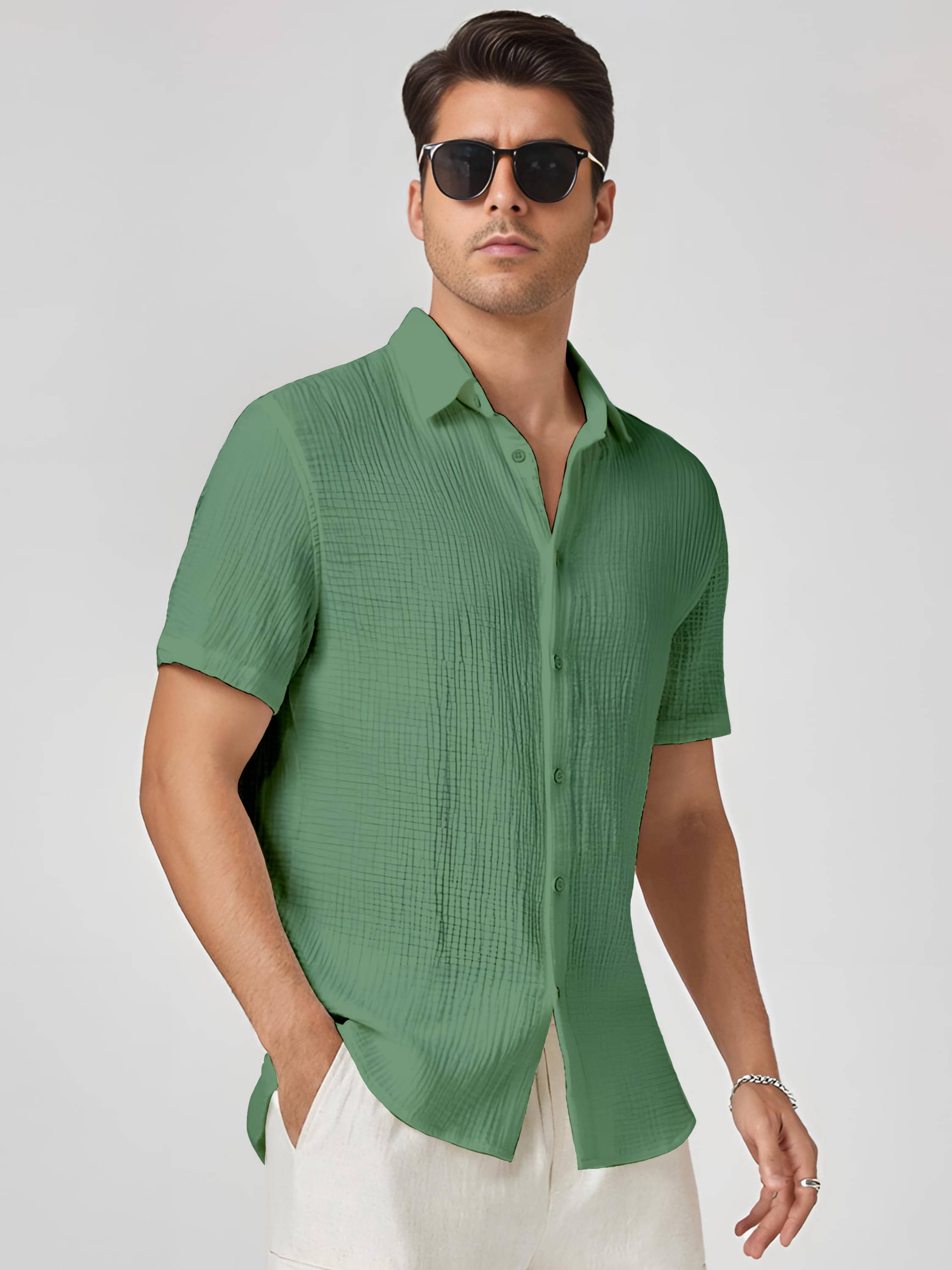     			color bucket Cotton Blend Regular Fit Popcorn Textured Half Sleeves Men's Casual Shirt - Green ( Pack of 1 )