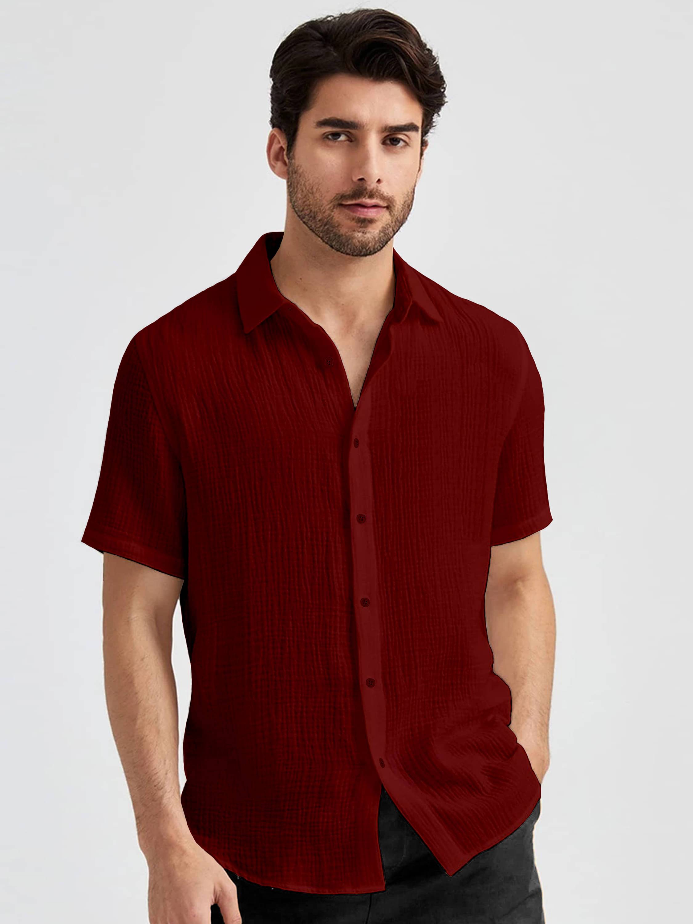 color bucket Cotton Blend Regular Fit Popcorn Textured Half Sleeves Men's Casual Shirt - Maroon ( Pack of 1 )     			color bucket Cotton Blend Regular Fit Popcorn Textured Half Sleeves Men's Casual Shirt - Maroon ( Pack of 1 )