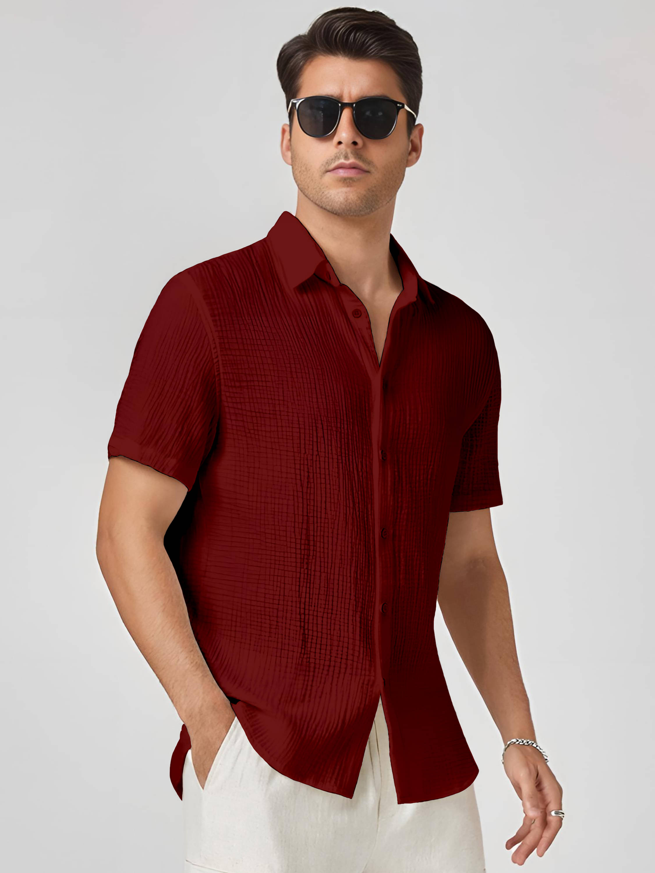     			color bucket Cotton Blend Regular Fit Popcorn Textured Half Sleeves Men's Casual Shirt - Maroon ( Pack of 1 )