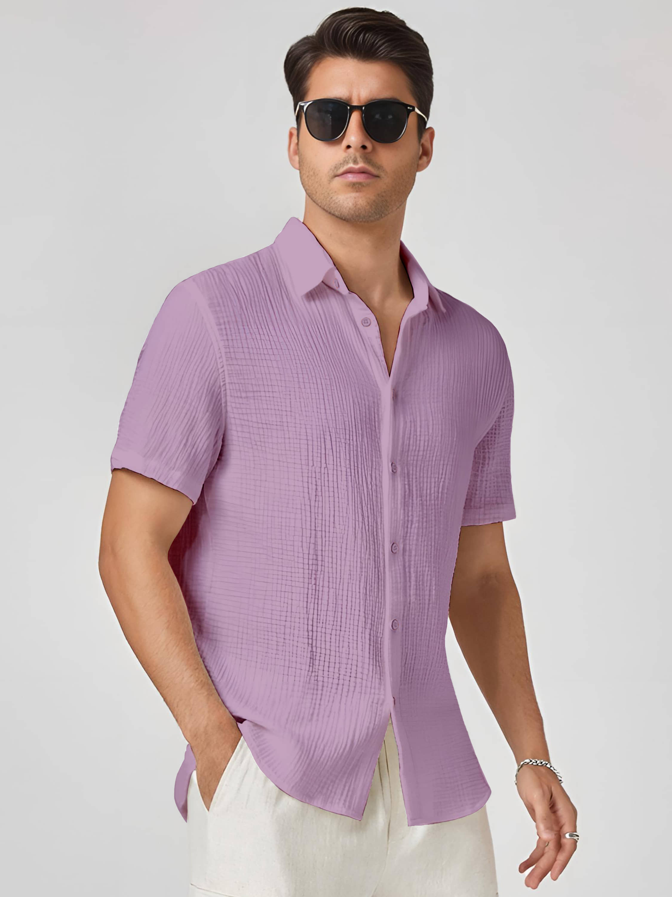 color bucket Cotton Blend Regular Fit Popcorn Textured Half Sleeves Men's Casual Shirt - Pink ( Pack of 1 )