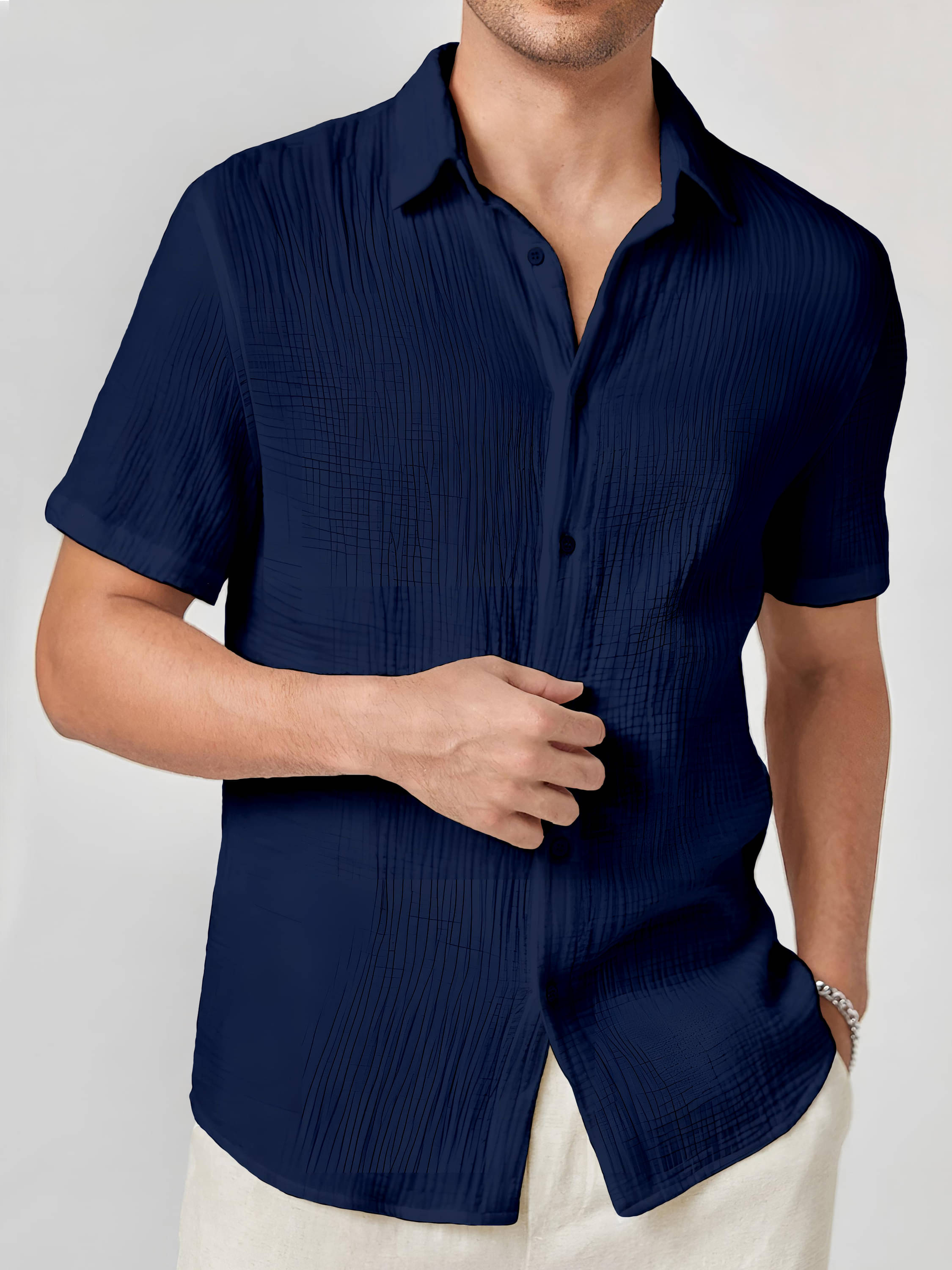 color bucket Cotton Blend Regular Fit Popcorn Textured Half Sleeves Men's Casual Shirt - Navy Blue ( Pack of 1 ) color bucket Cotton Blend Regular Fit Popcorn Textured Half Sleeves Men's Casual Shirt - Navy Blue ( Pack of 1 )