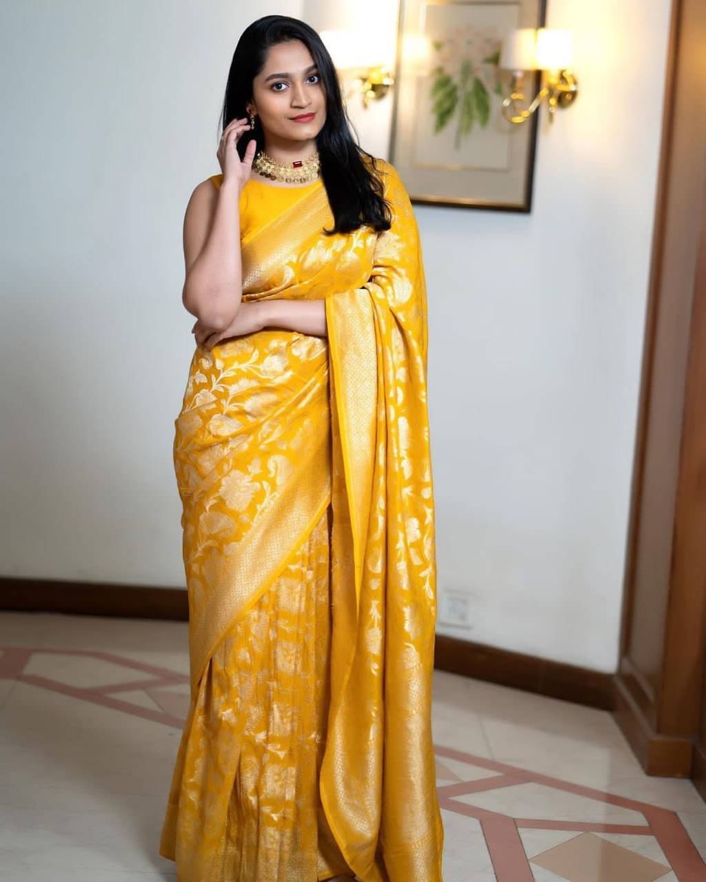 Flosive Silk Woven Design Banarasi saree With Unstitched Blouse Piece ( Yellow ) Flosive Silk Woven Design Banarasi saree With Unstitched Blouse Piece ( Yellow )