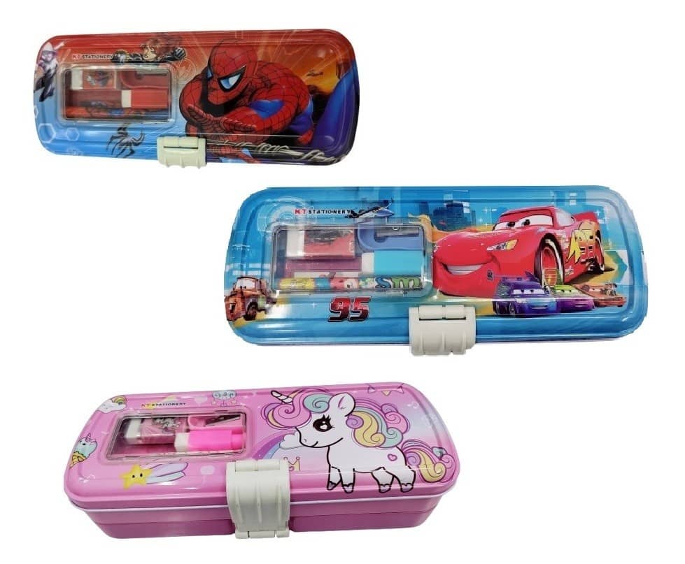Freedy 1 Set Pencil staionery box for boy printed 1pancil.1spenner,1ereser,1scal Unique Magnetic Geometry Box for kids Art Metal Pencil Box  (Set of 1, Multicolor)(Any One Random Design Will Send)