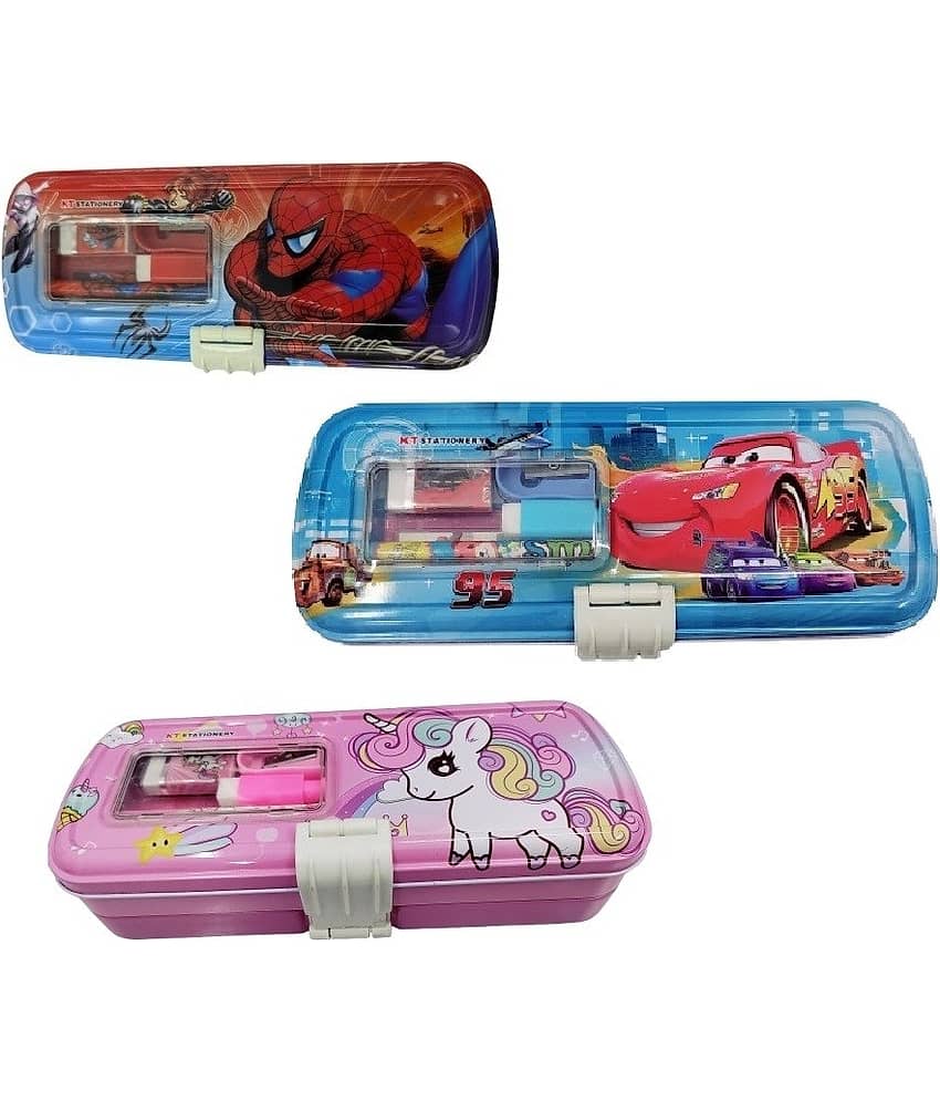 Freedy 1 Set Pencil staionery box for boy printed 1pancil.1spenner,1ereser,1scal Unique Magnetic Geometry Box for kids Art Metal Pencil Box (Set of 1, Multicolor)(Any One Random Design Will Send) - Stationery | Buy online on ZillyBuy
