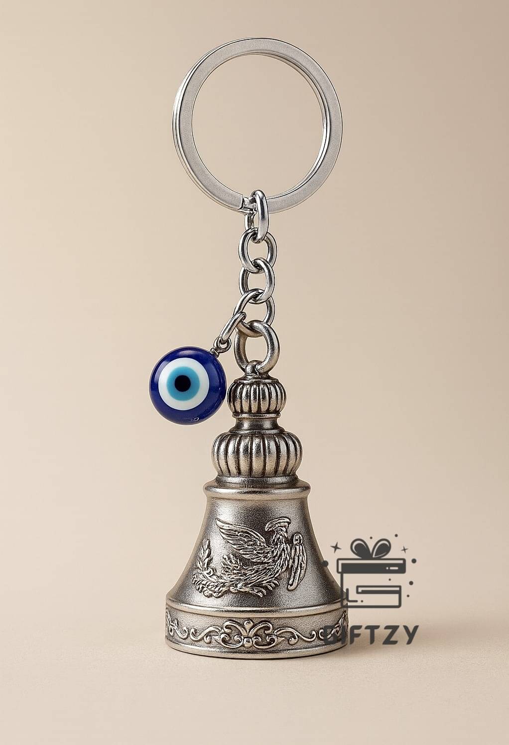     			Guardian Bell Keychain with Evil Eye Silver Finish Protection Bell, Lucky Spiritual Ghanti Keyring for Riders, Bike Keychain for Men & Women, Car Keys, Home Keys & Gifting Accessory