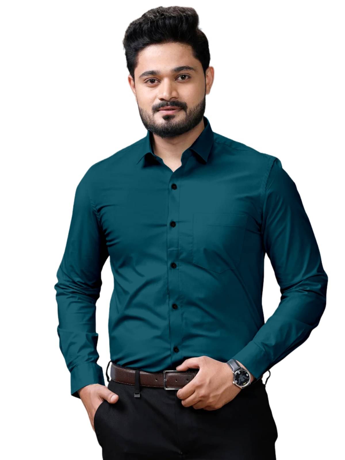 Khushi Fashion Cotton Blend Regular Fit Full Sleeves Men's Formal Shirt - Teal ( Pack of 1 ) Khushi Fashion Cotton Blend Regular Fit Full Sleeves Men's Formal Shirt - Teal ( Pack of 1 )
