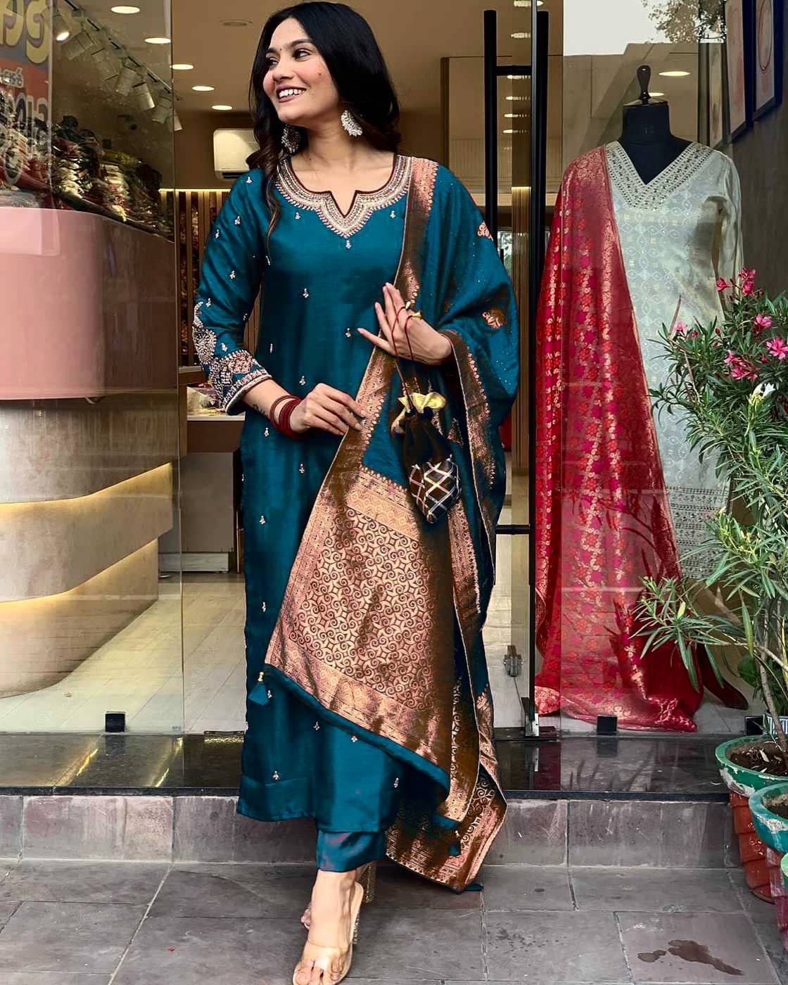 MEHZEEL FAB Women Cotton Silk Embroidered Straight Kurti With Pants ( Blue )