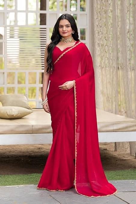     			Madhav Art Chiffon Solid Regular Saree With Unstitched Blouse Piece ( Red )