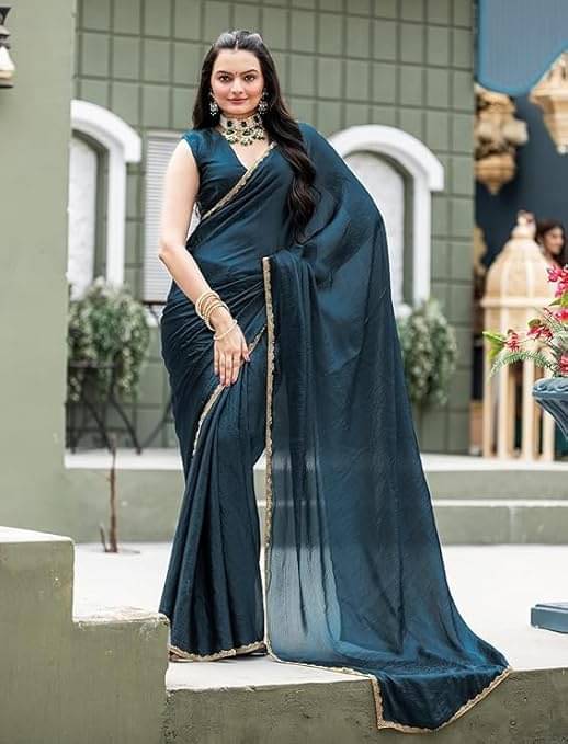 Madhav Art Chiffon Solid Regular Saree With Unstitched Blouse Piece ( Teal ) Madhav Art Chiffon Solid Regular Saree With Unstitched Blouse Piece ( Teal )