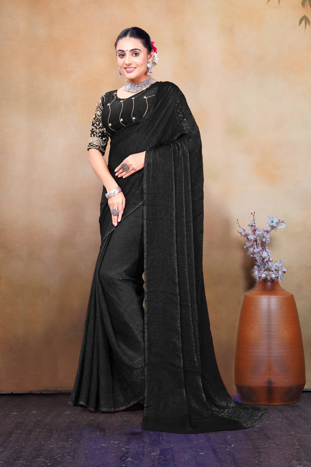 Madhav Art Silk Solid Regular Saree With Unstitched Blouse Piece ( Black ) Madhav Art Silk Solid Regular Saree With Unstitched Blouse Piece ( Black )