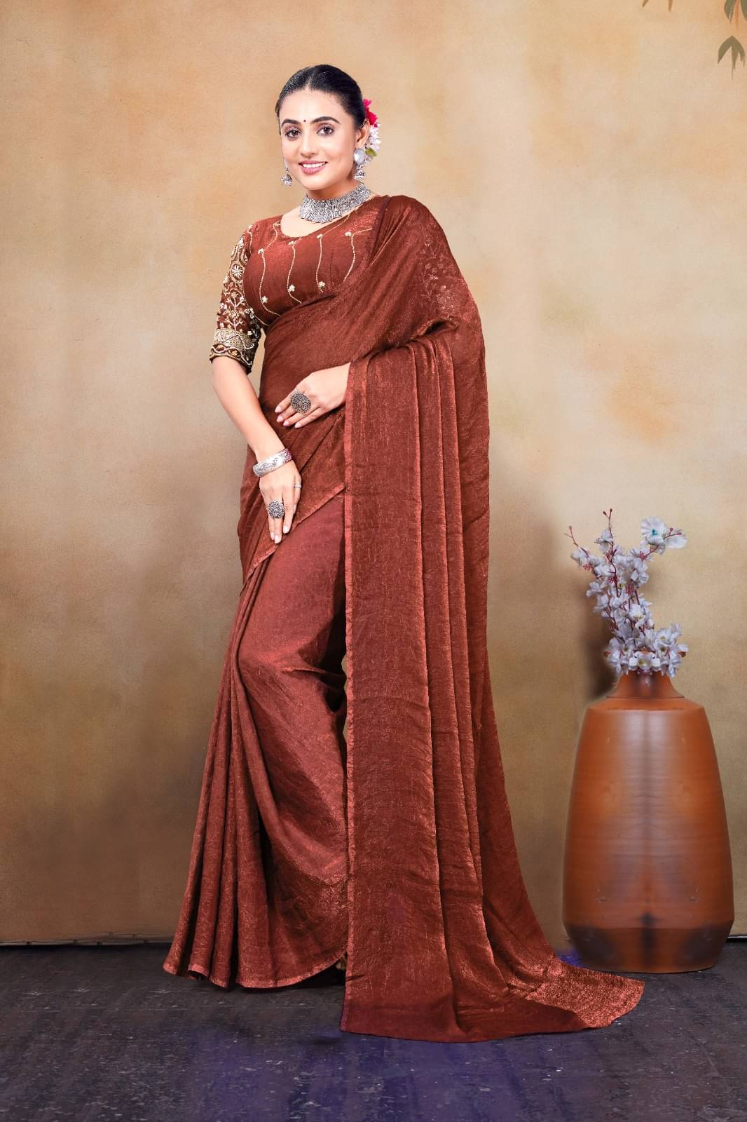     			Madhav Art Silk Solid Regular Saree With Unstitched Blouse Piece ( Brown )