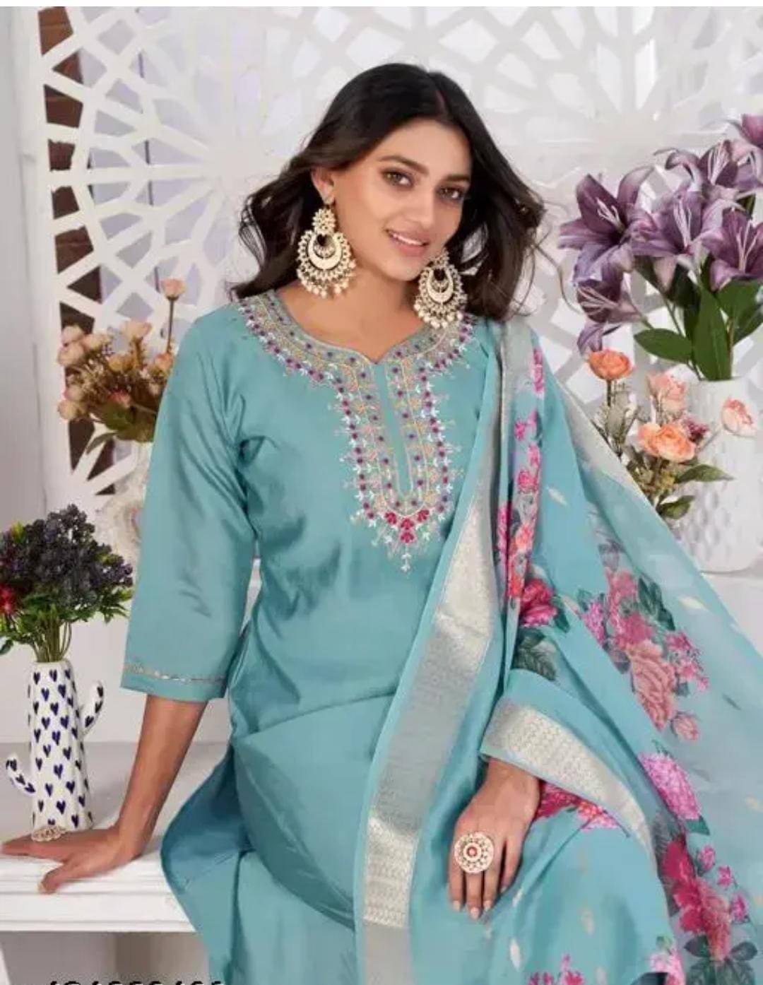     			Mahek Fashion Women Chanderi Embroidered A-line Kurti With Pants ( Light Blue )