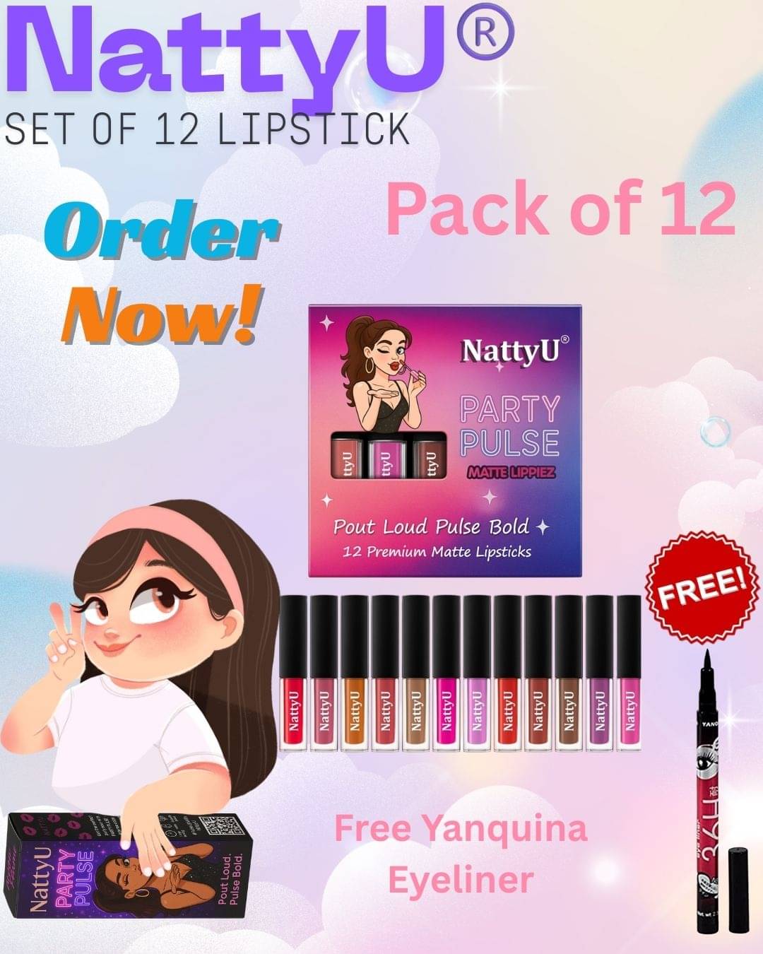     			NattyU Multi Matte Waterproof Liquid Lipstick ( Pack of 12 )