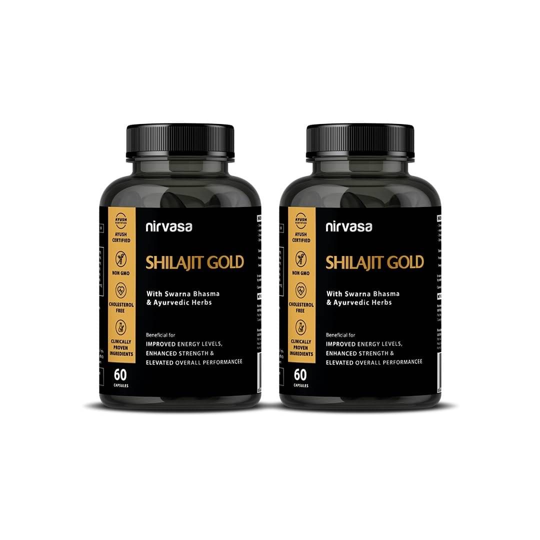     			Nirvasa Shilajit Gold 60 Capsules | 100% Pure Himalayan Shilajit Original Capsules | Contains 24 Carat Gold, Gokshura, Akarkara, Triphala, Safed Musli & Ashwagandha (Pack of 2)