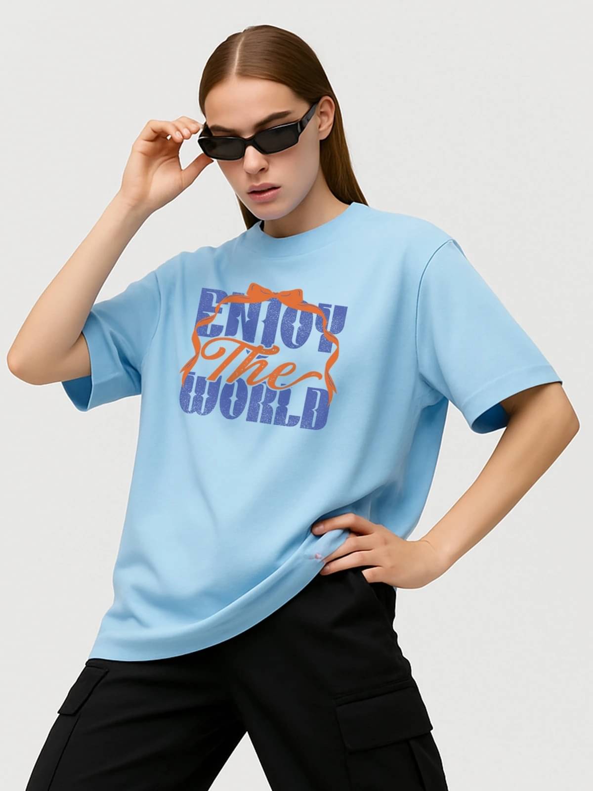     			STYLENSE Women Cotton Blend Printed Oversized Fit Round Neck T-Shirt ( Light Blue )