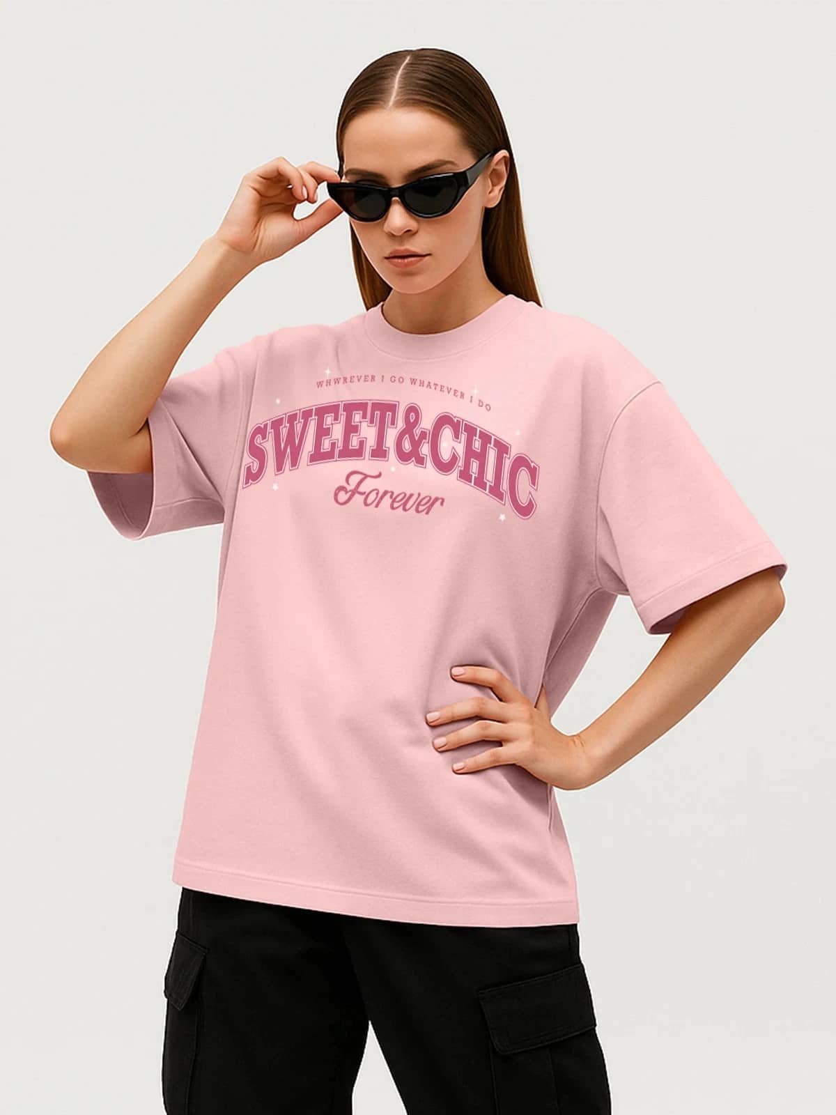 STYLENSE Women Cotton Blend Printed Oversized Fit Round Neck T-Shirt ( Pink )