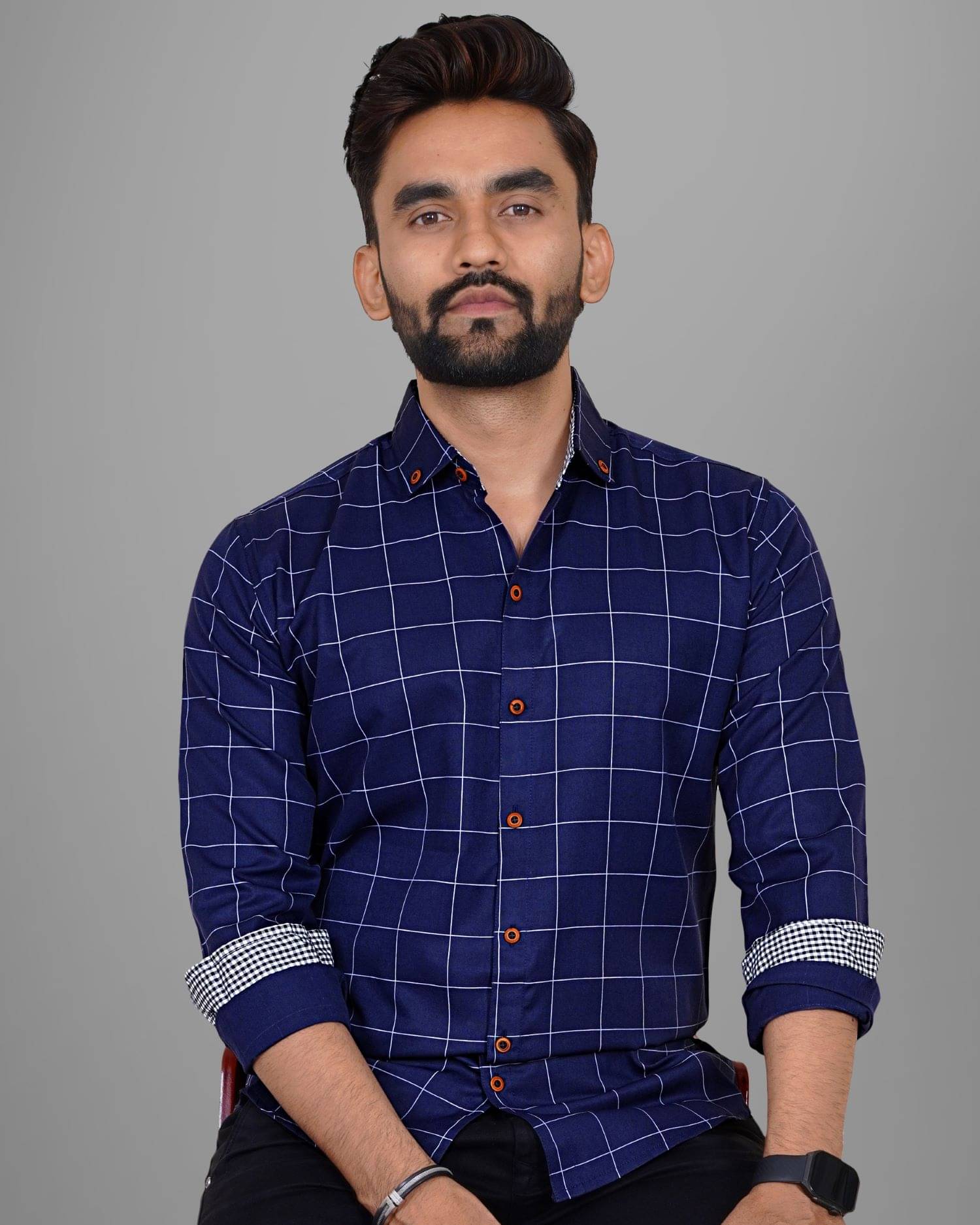     			Scaglia Cotton Blend Regular Fit Checks Full Sleeves Men's Casual Shirt - Navy Blue ( Pack of 1 )