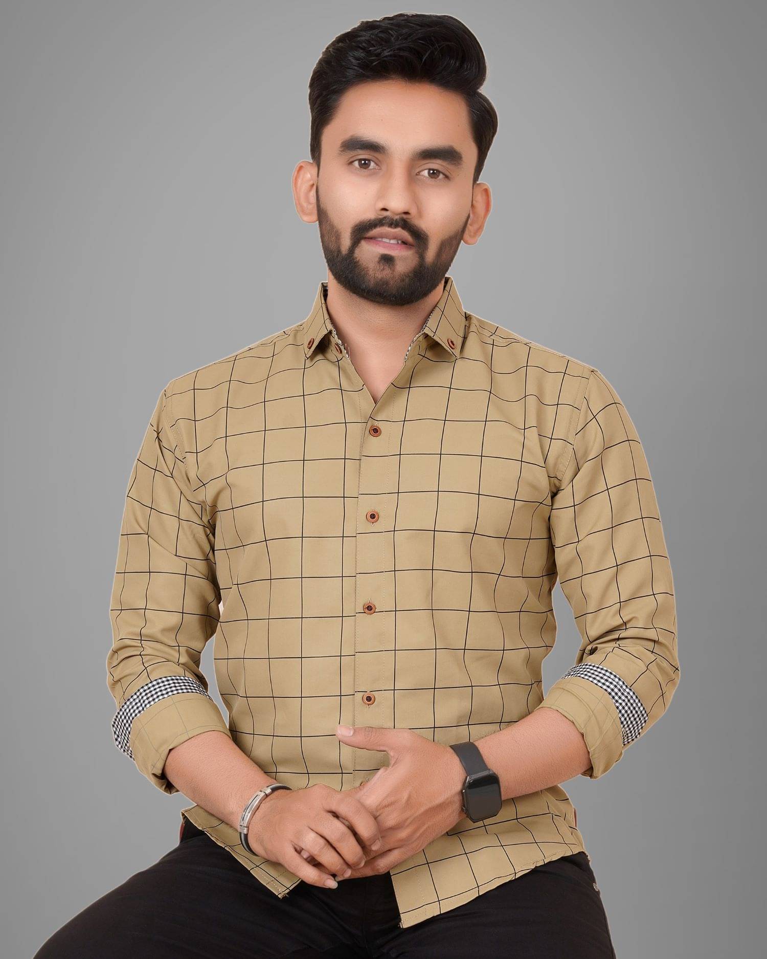     			Scaglia Cotton Blend Regular Fit Checks Full Sleeves Men's Casual Shirt - Khaki ( Pack of 1 )