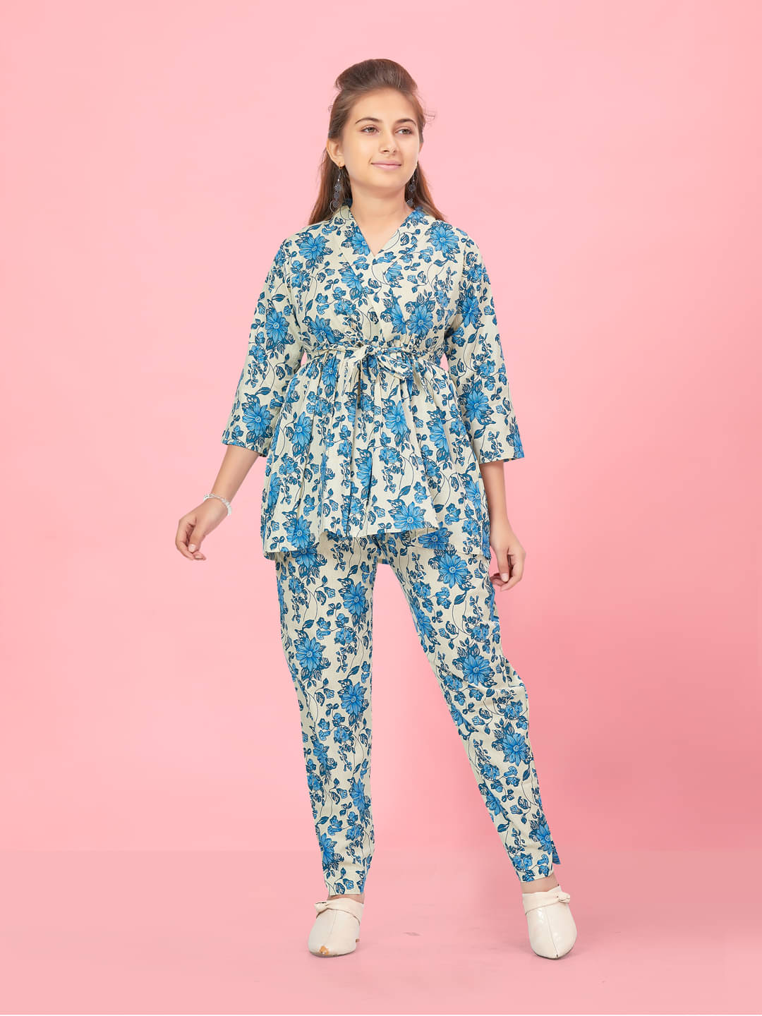     			Aarika Cotton Printed Top With Trouser Co-Ord Set For Girls ( Blue )