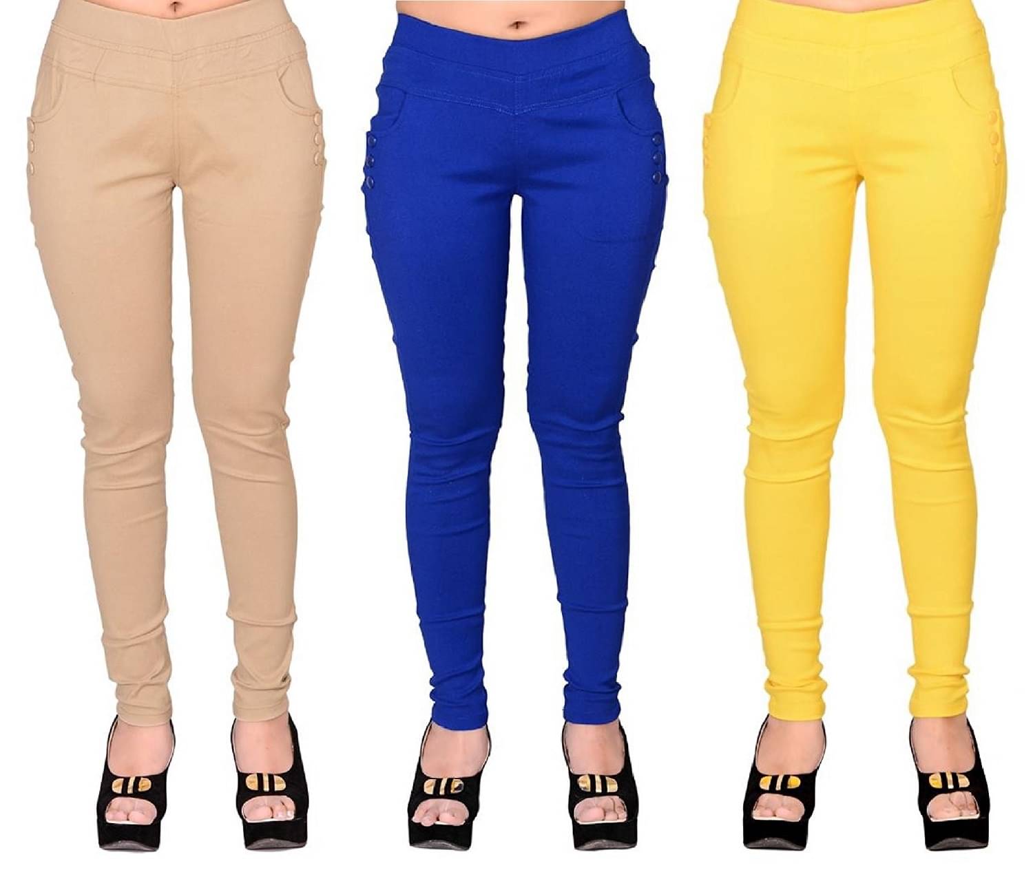     			FeelBlue Women Cotton Blend Skinny Fit Jegging ( Beige,Blue,Yellow )